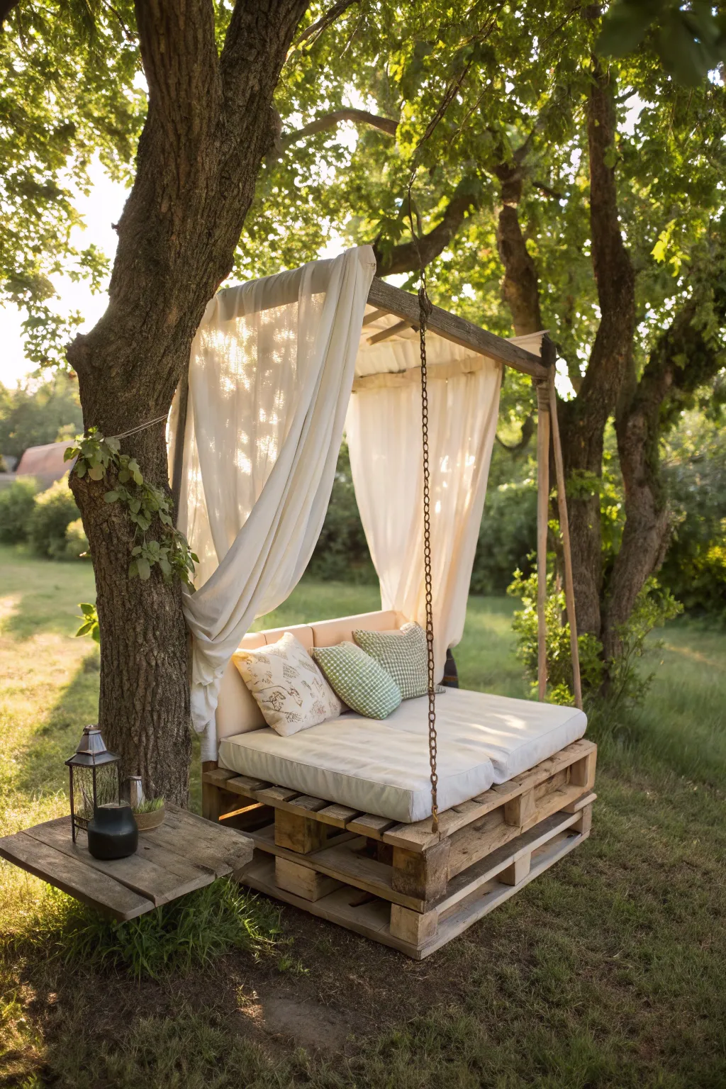 Transform your space with a rustic pallet swing reading nook—where comfort meets style.