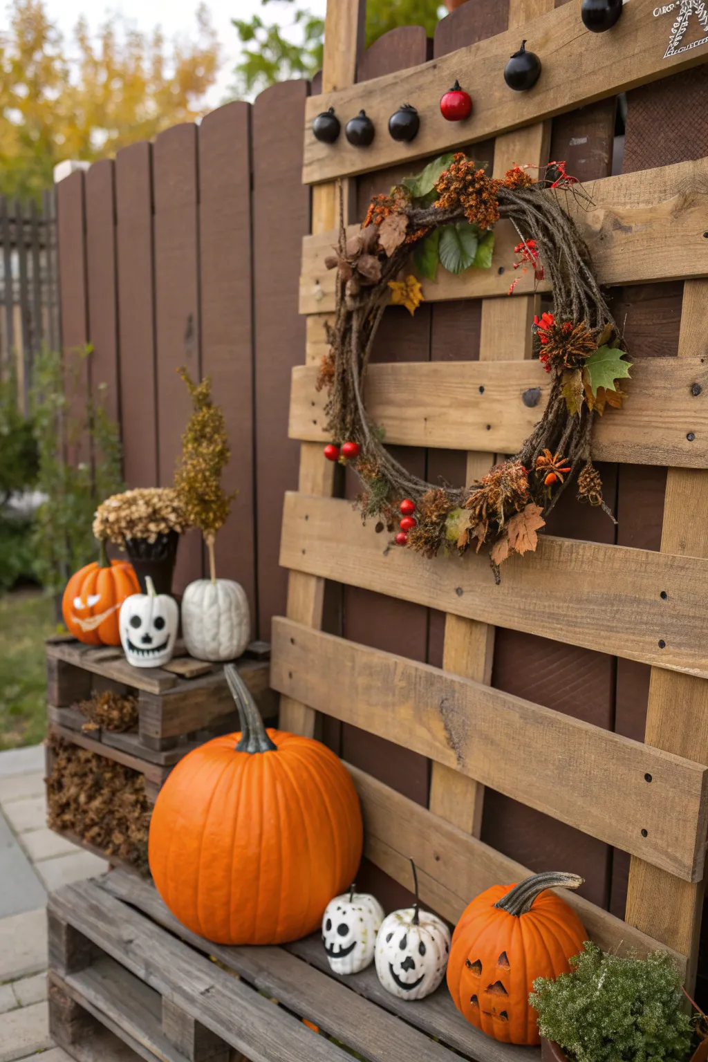 Transform your outdoor space with seasonal charm: a pallet wall dressed in autumn's finest.