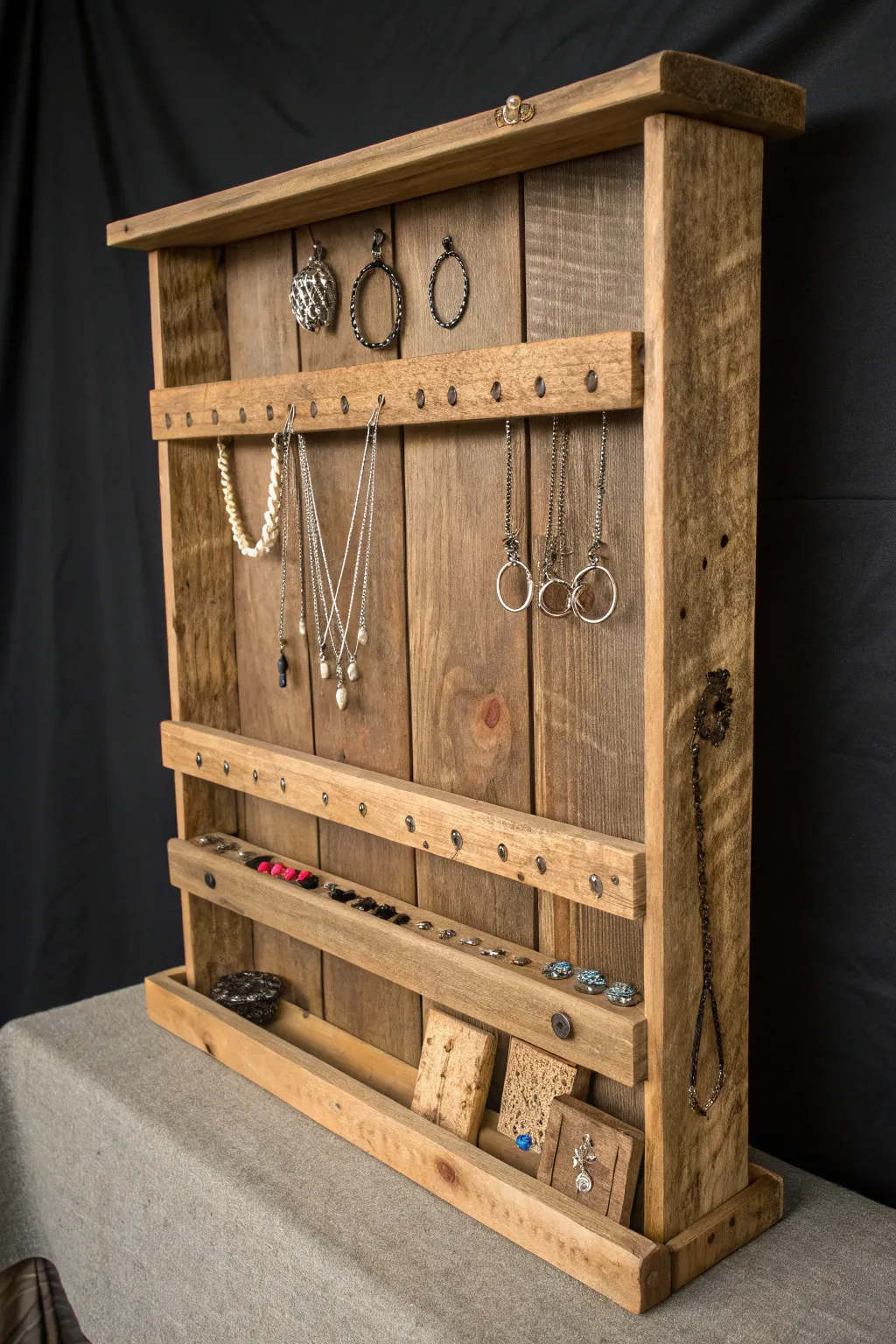 Elevate your accessory game with a custom pallet wood jewelry organizer—where rustic charm meets functional elegance.