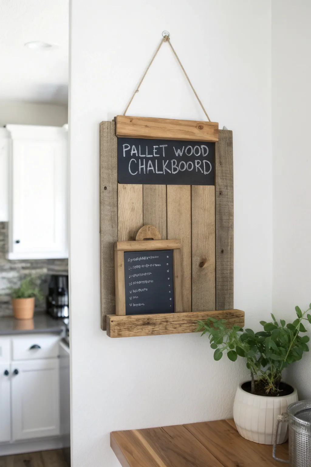 Transform your kitchen with a chic pallet wood chalkboard—where notes become art!
