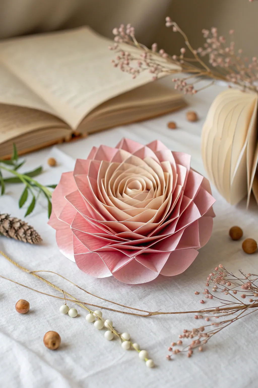 Embrace the beauty of simplicity with this stunning accordion-folded paper flower, perfect for adding a touch of handcrafted elegance to any space.