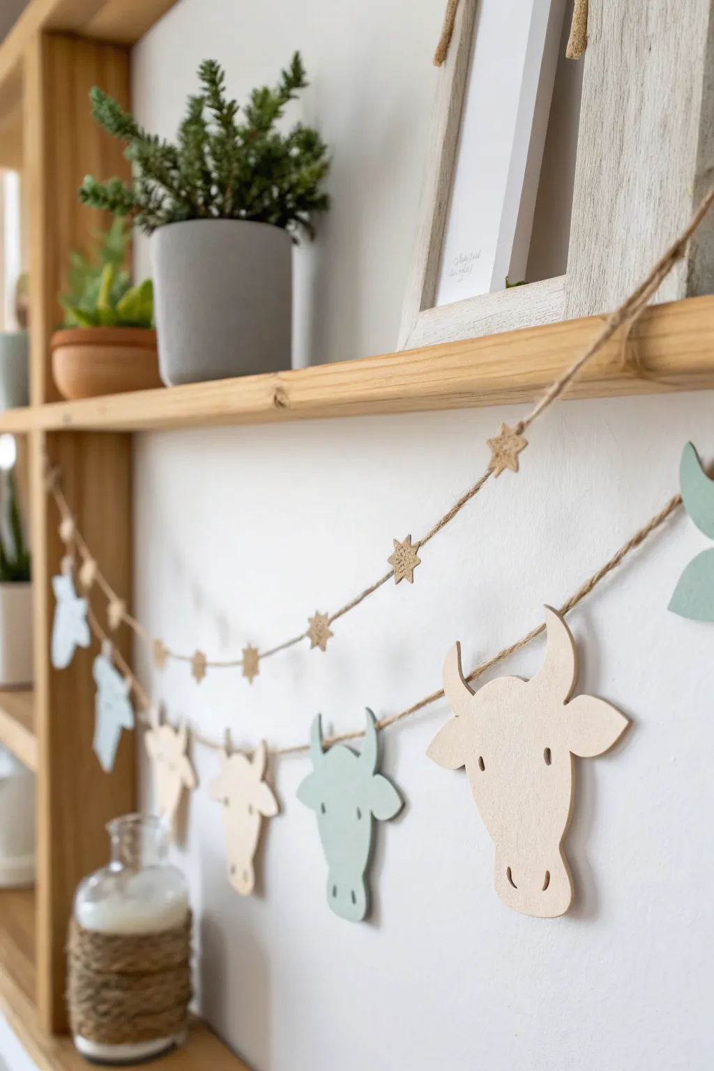 Add a touch of whimsy with a charming cow-themed paper garland, perfect for any cozy corner.