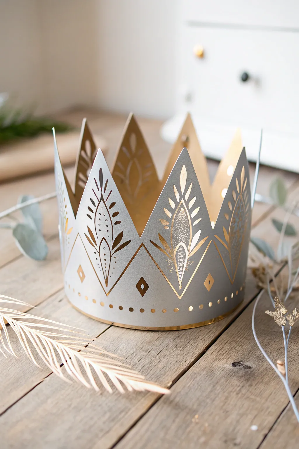 Embrace the elegance of simplicity with this stunning metallic paper crown, where modern design meets timeless craftsmanship.