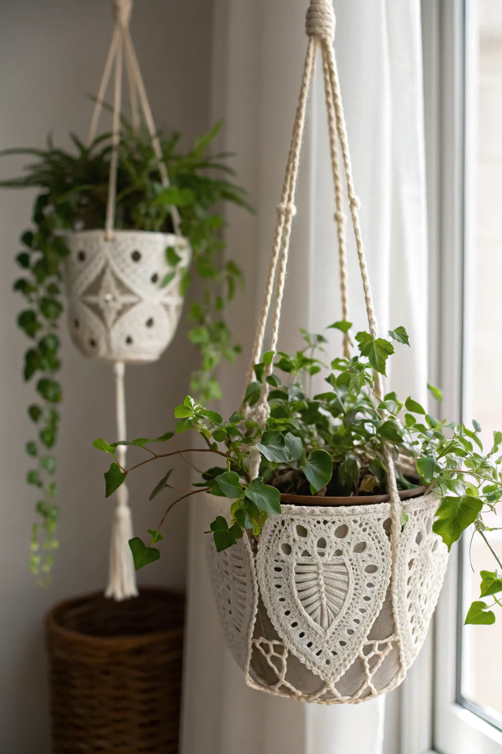 Elevate your greenery with these chic, handcrafted doily hanging planters – where simplicity meets elegance.