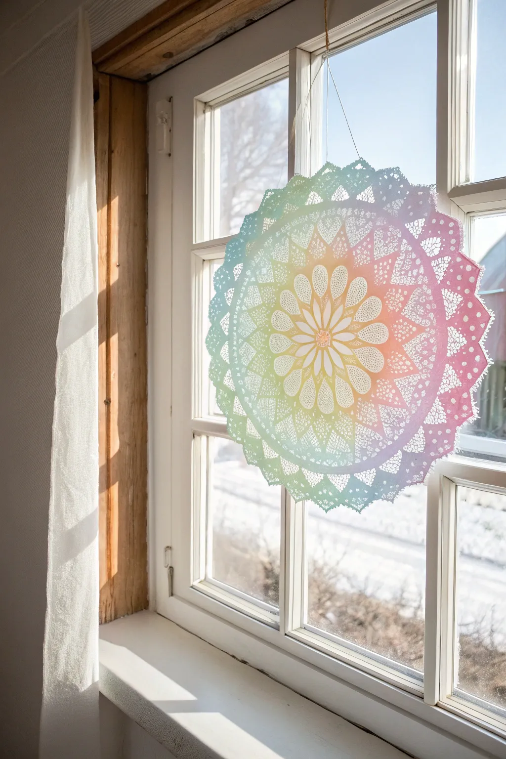 Capture the beauty of simplicity with a colorful doily suncatcher, where craftsmanship meets sunlight.