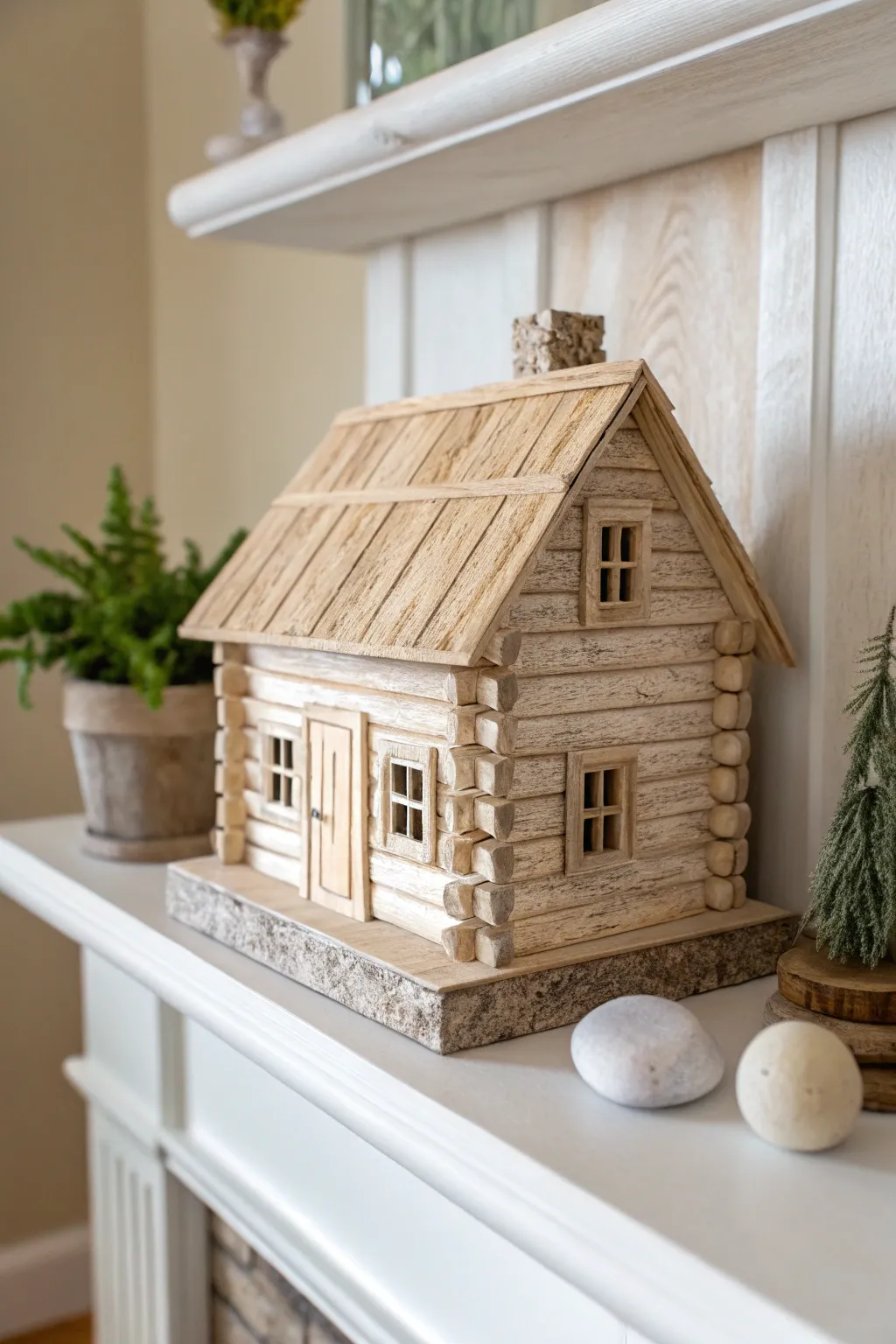 Bring the countryside to your home with this charming paper mache rustic cabin, a perfect blend of minimalist and Boho aesthetics.