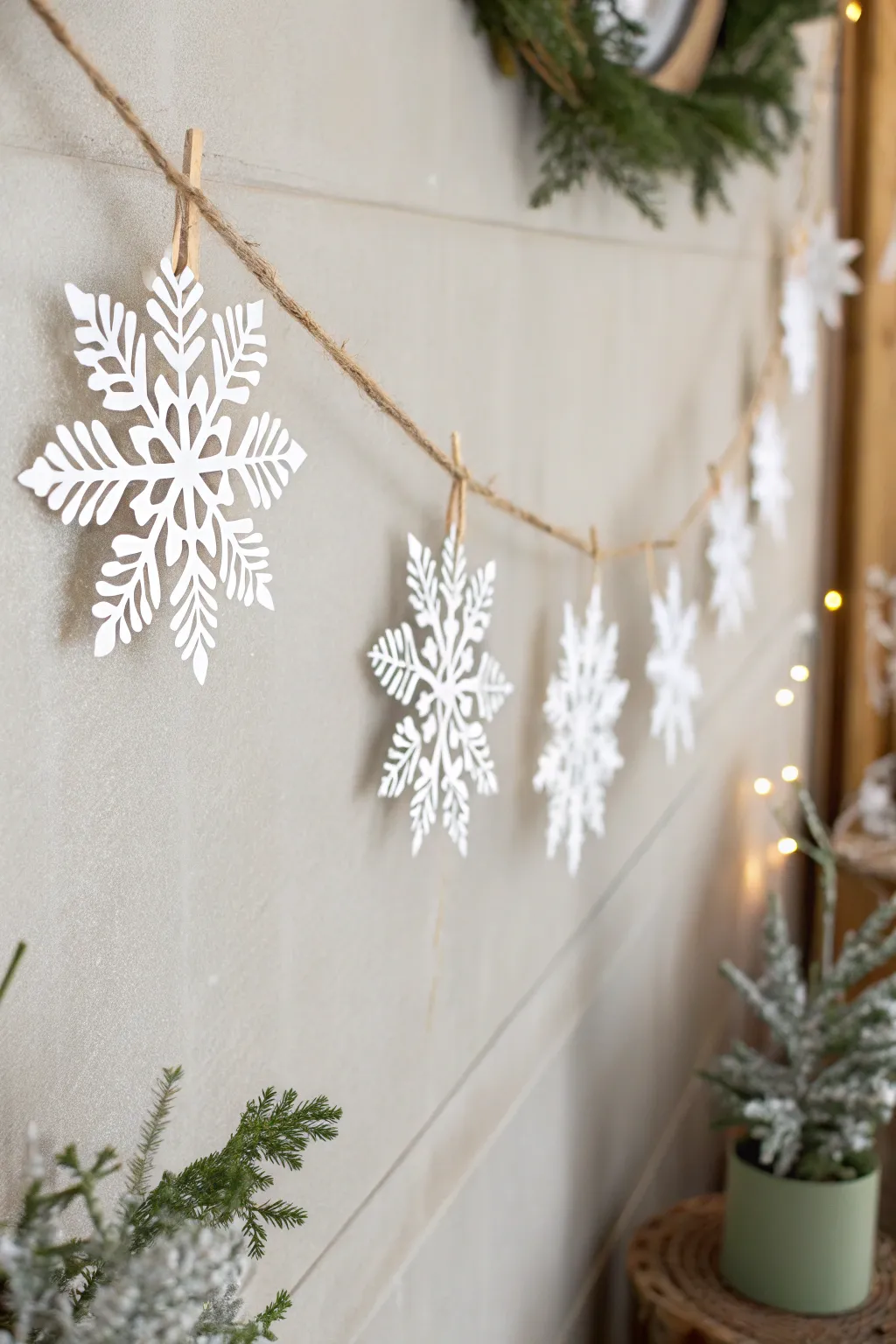 Embrace winter's charm with a handcrafted snowflake garland, where simplicity meets elegance.