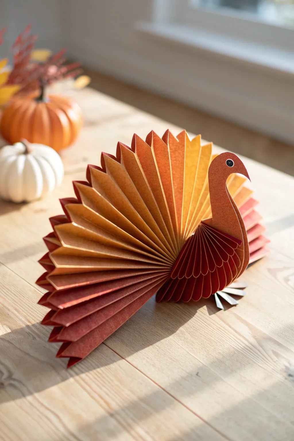 Elevate your holiday decor with this charming accordion paper turkey—simple elegance meets artisanal flair.