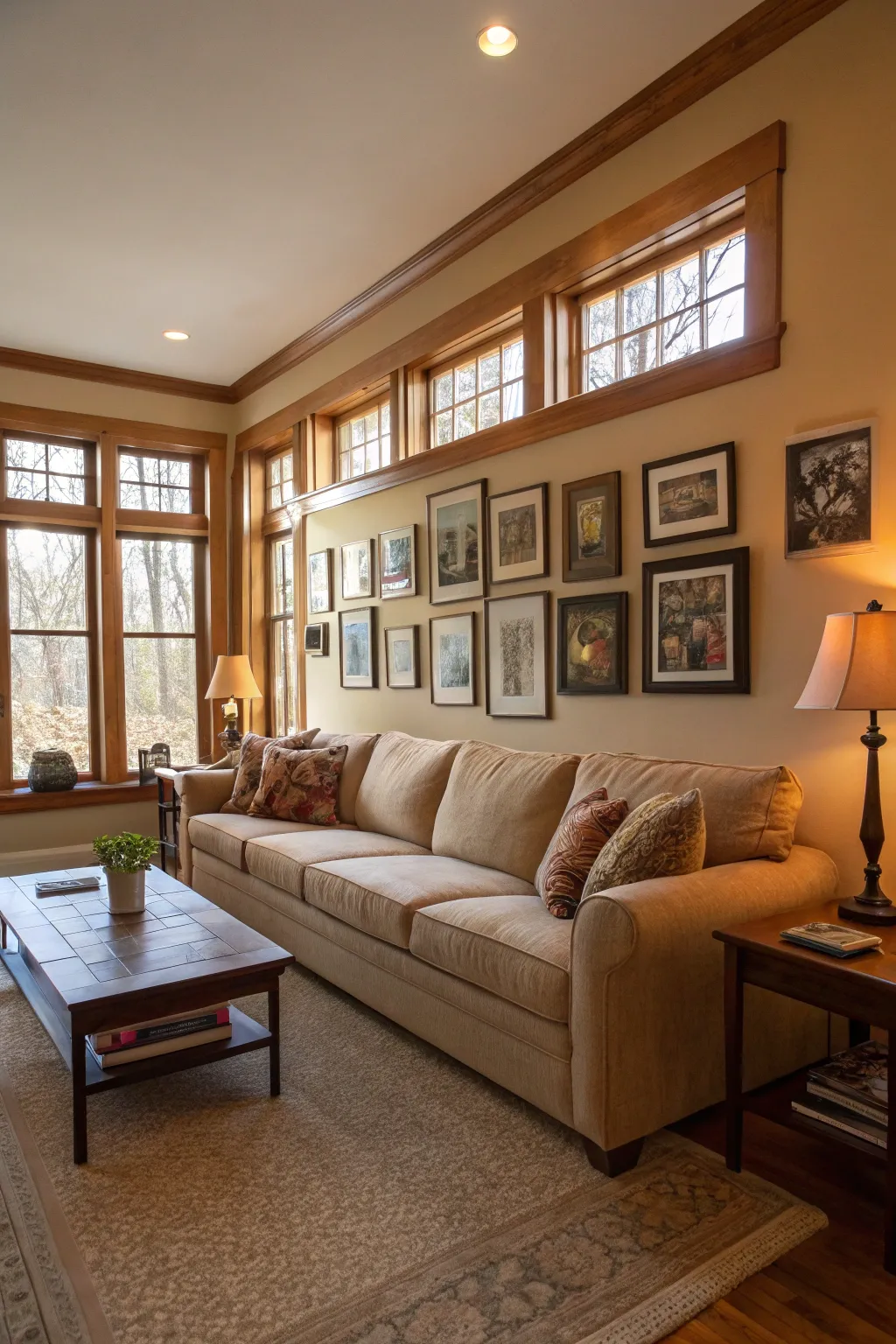 A centrally positioned sofa anchoring the living room space.