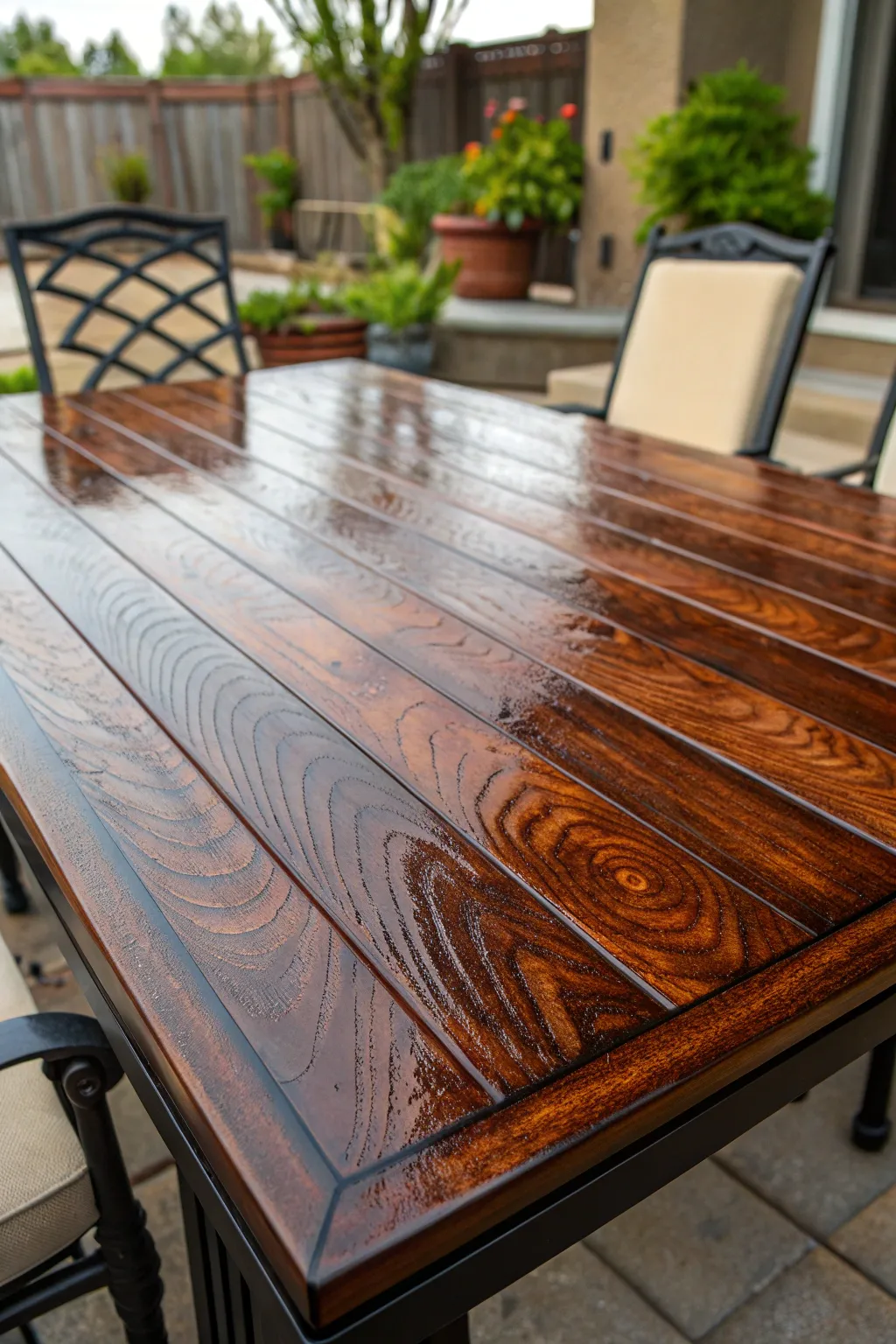 Elevate your patio style with a stunning stained plywood tabletop—where rustic charm meets modern elegance.