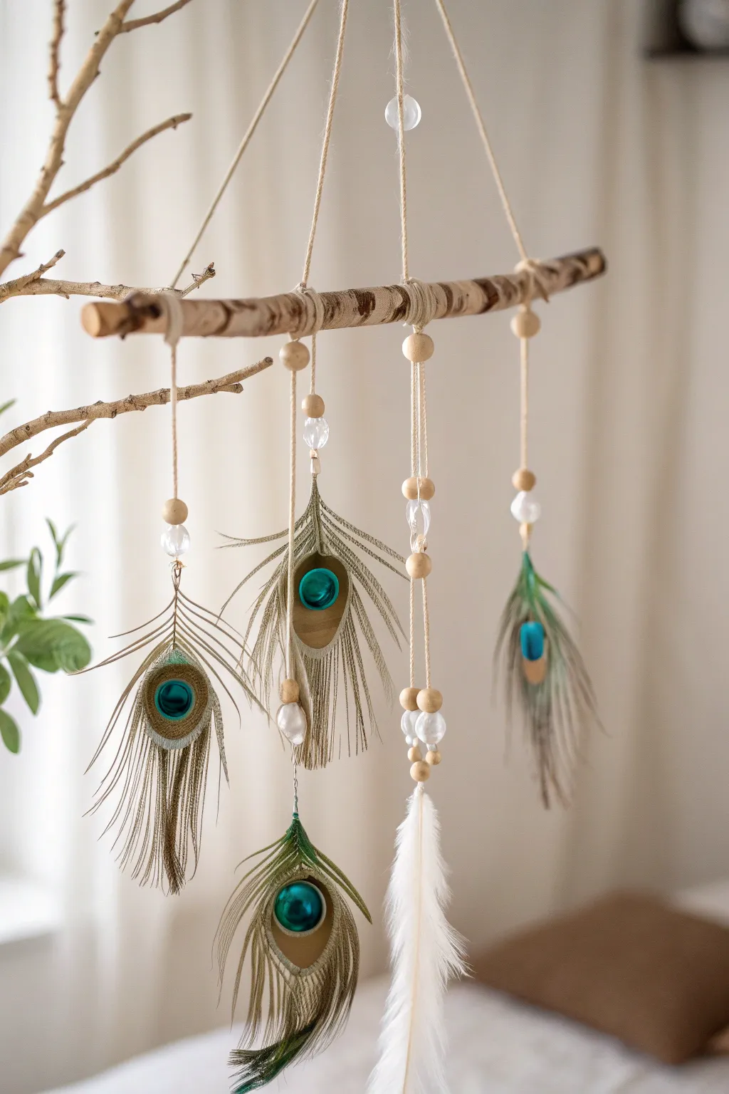 Elegance in Motion: A Boho-Chic Peacock Feather Mobile for Your Serene Space