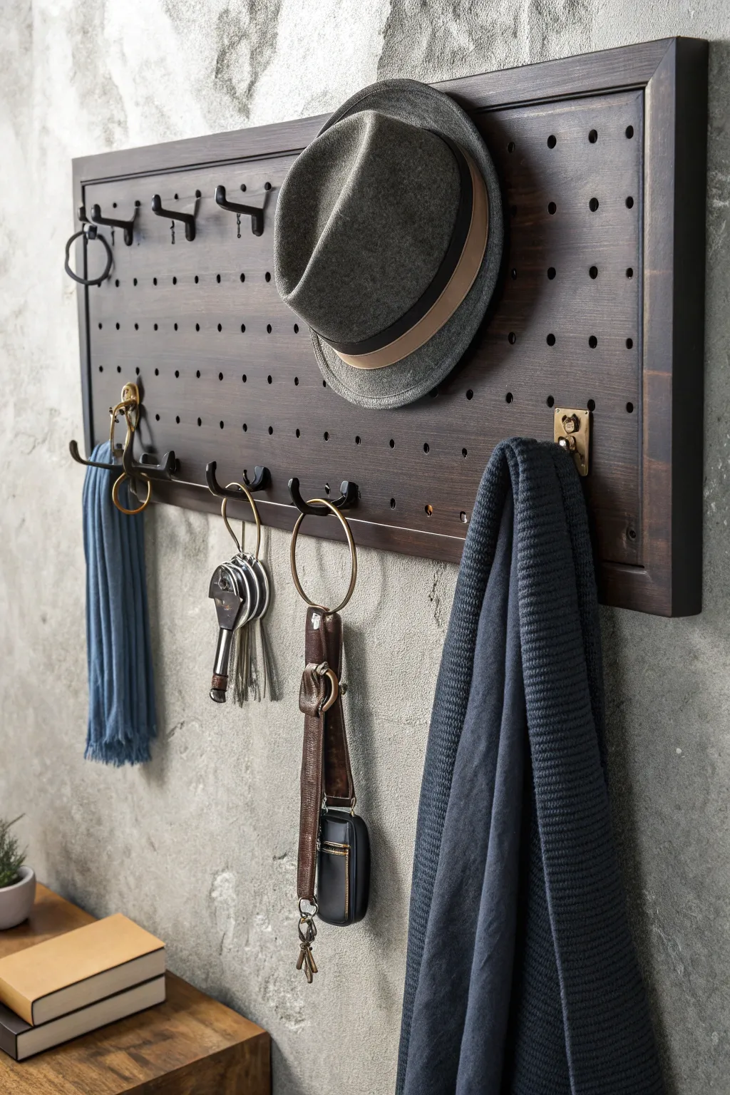 Elevate your entryway with this chic pegboard setup—where style meets functionality.