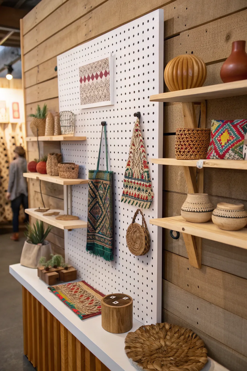Elevate your craft show display with a stylish pegboard shelf – the perfect blend of function and flair.