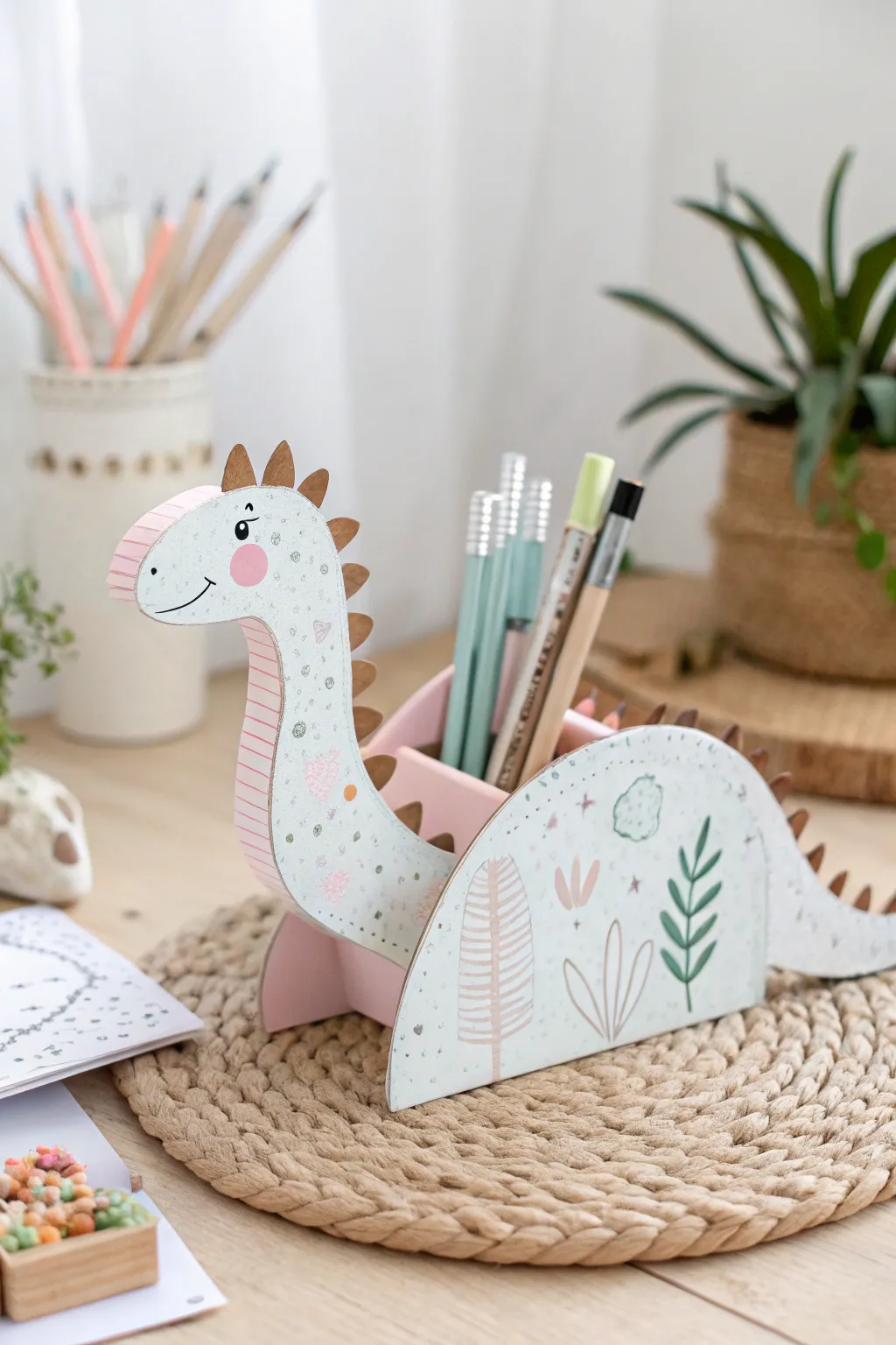Add a touch of prehistoric charm to your desk with this minimalist dinosaur organizer!