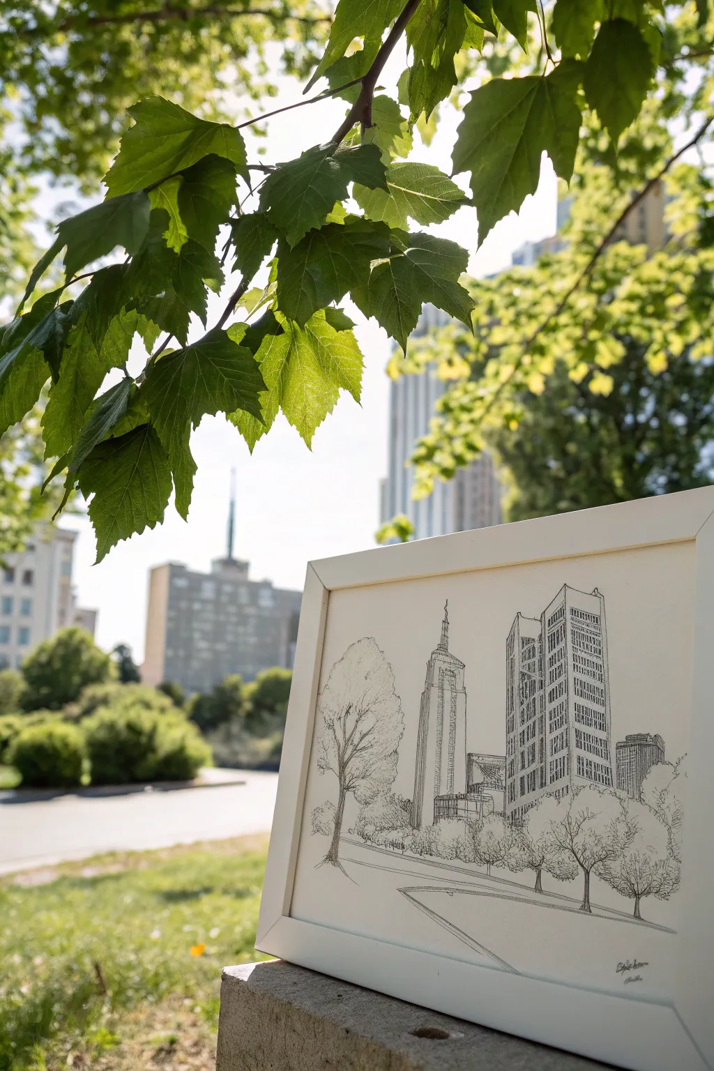 Discover the harmony of urban and natural realms in this minimalist pencil drawing.