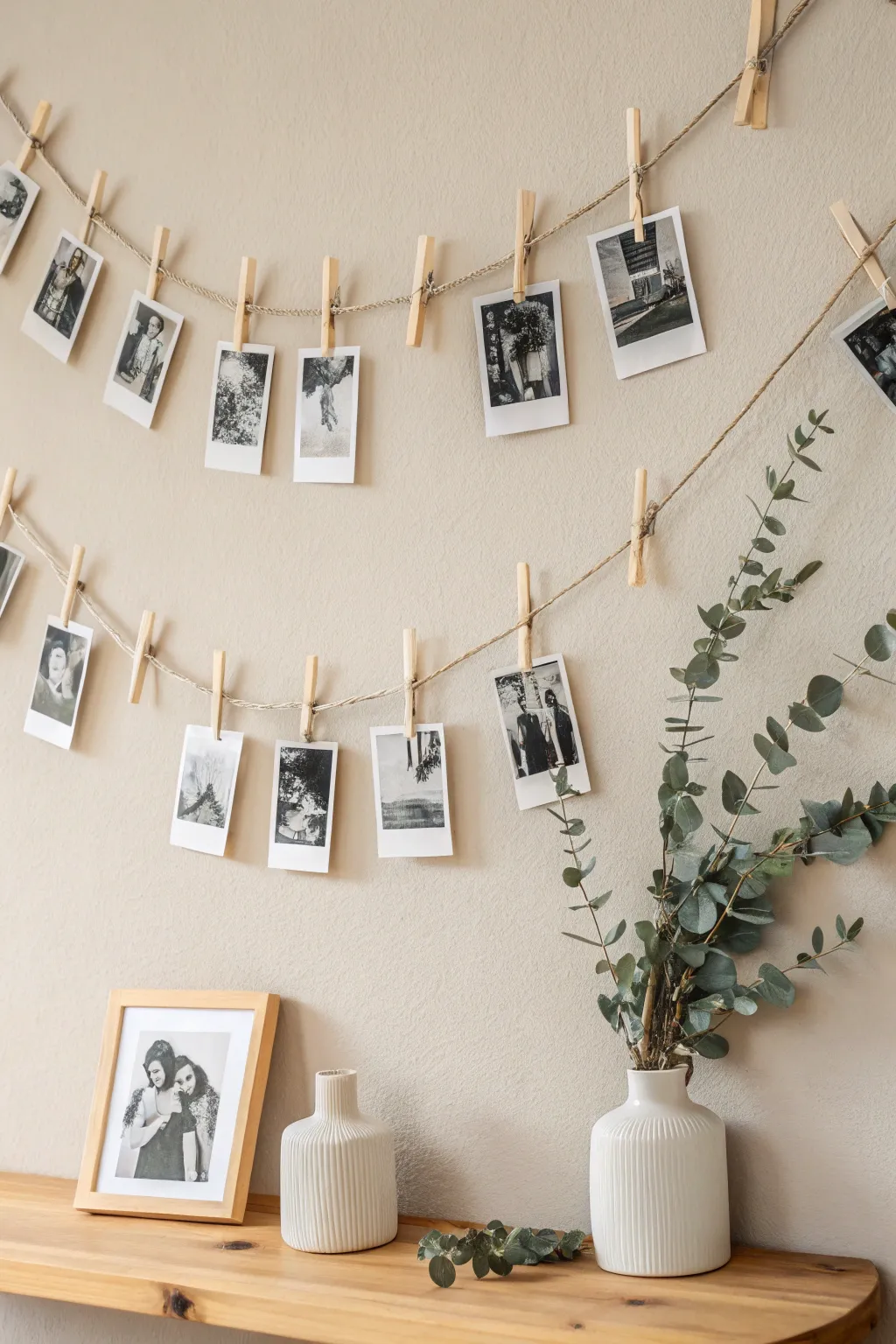 Capture the essence of celebrations with a personalized photo string display. #MinimalistDecor #BohoTouch