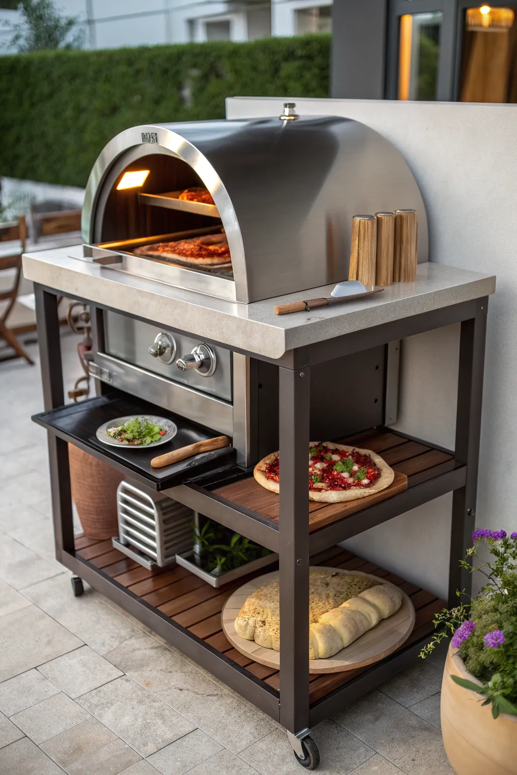 Elevate your pizza nights with this stylish multi-level storage stand—your ultimate outdoor kitchen companion.