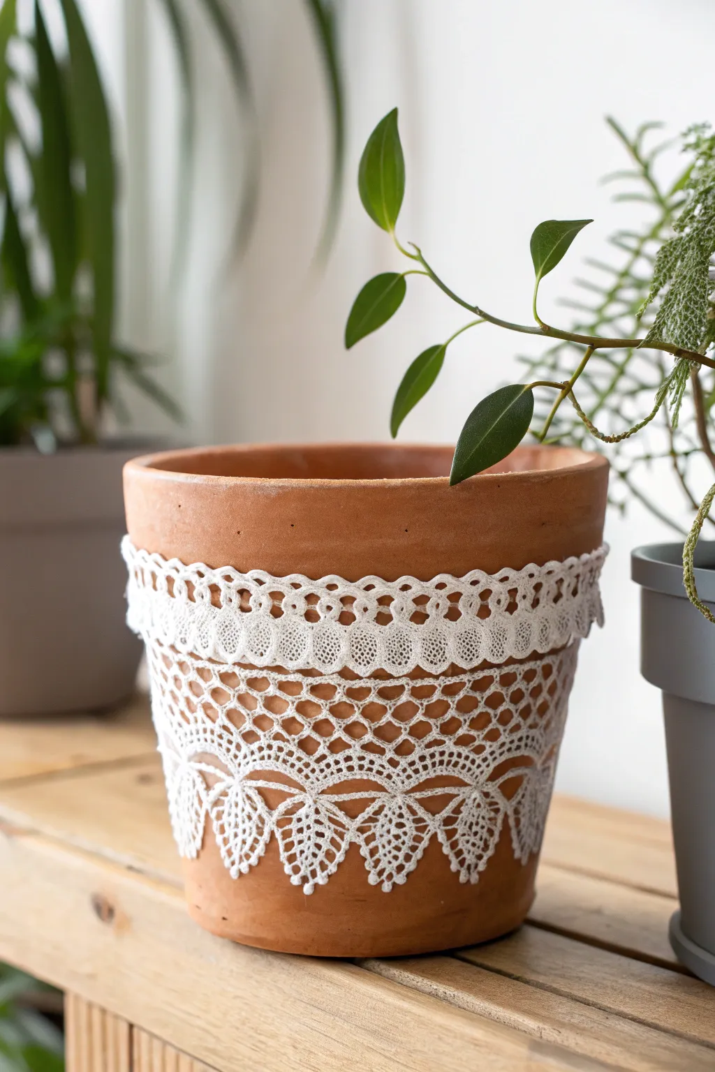 Elevate your plant game with a touch of lace elegance. 🌿✨ #DIYDecor #ScandiBoho