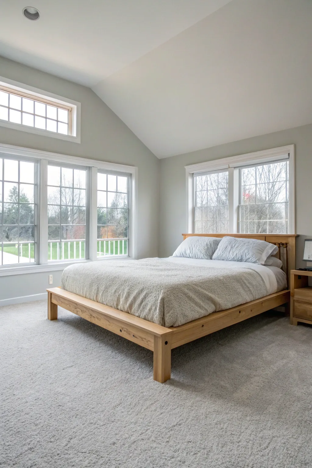 A spacious layout with a platform bed maximizing bedroom space.
