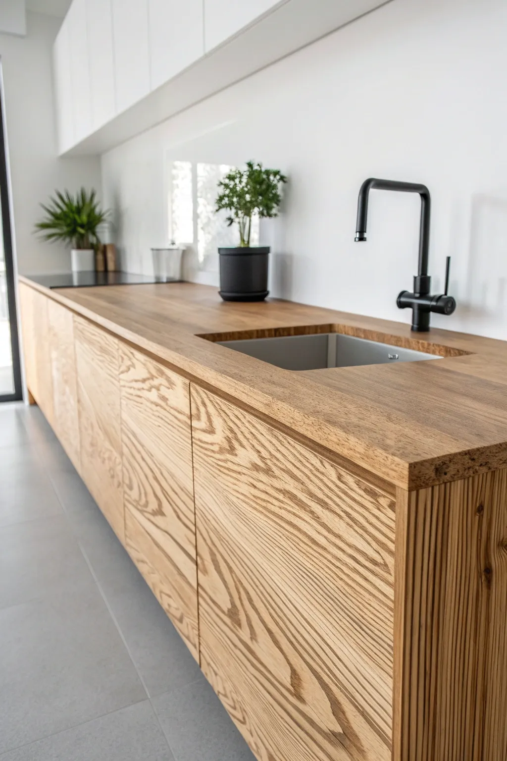 Elevate your space with the minimalist elegance of a floating plywood countertop.