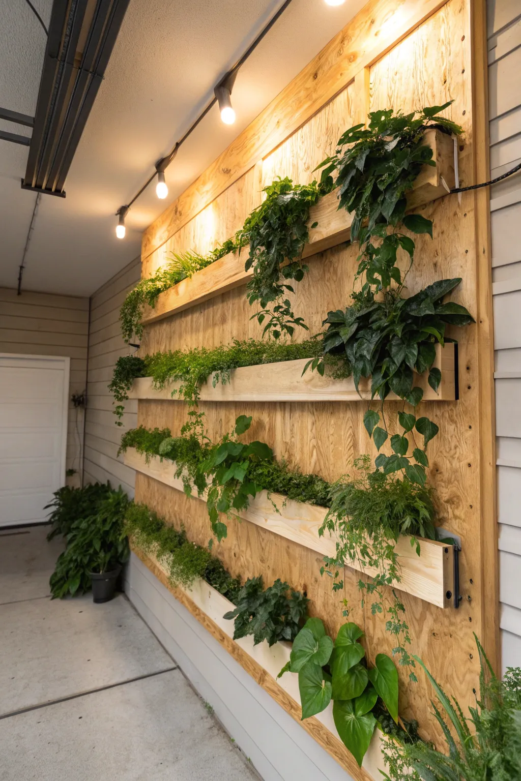 Revamp your garage with a vibrant plywood vertical garden – where rustic charm meets refreshing greenery.