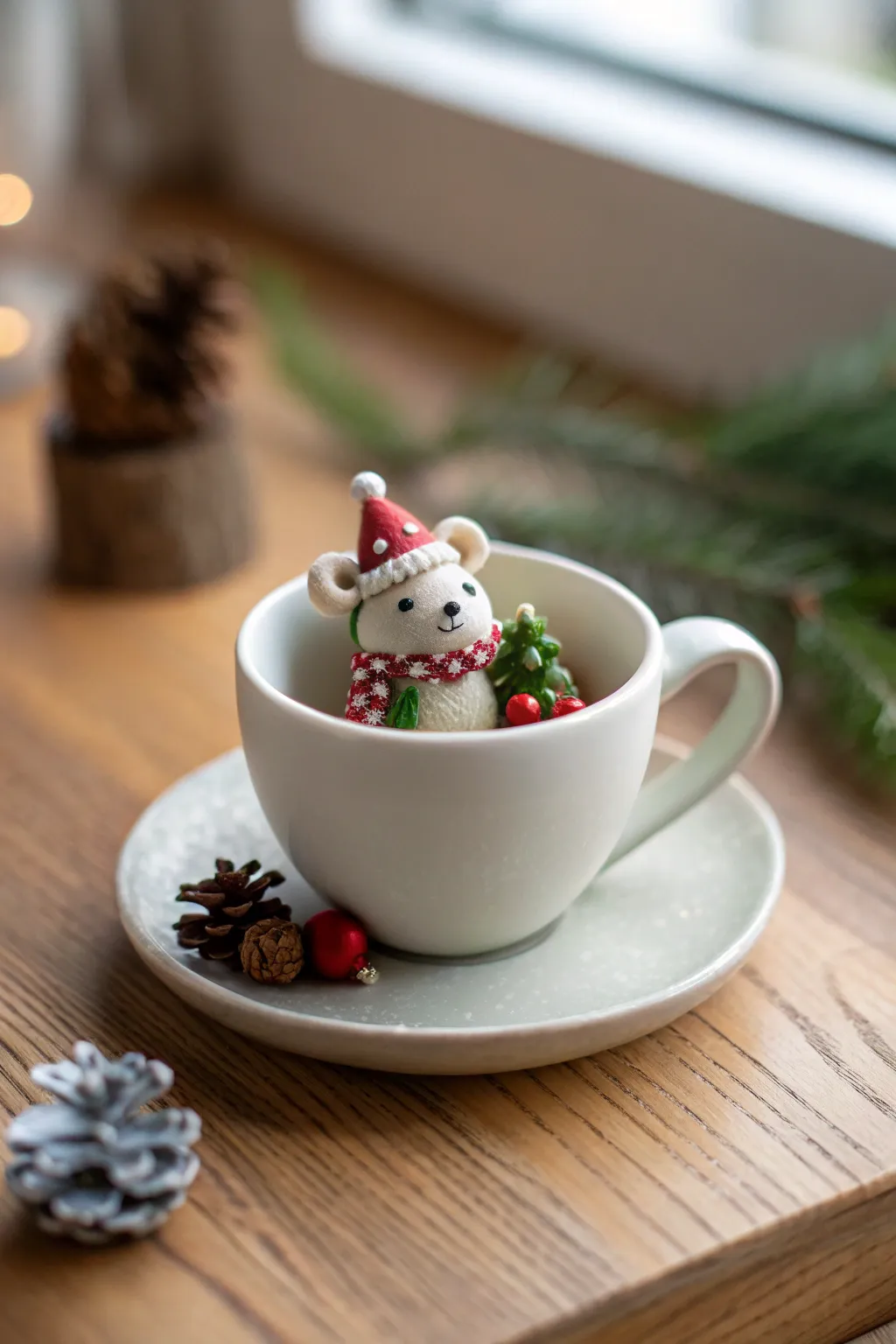 Adorable holiday spirit captured in a teacup: A handcrafted delight for your festive decor!