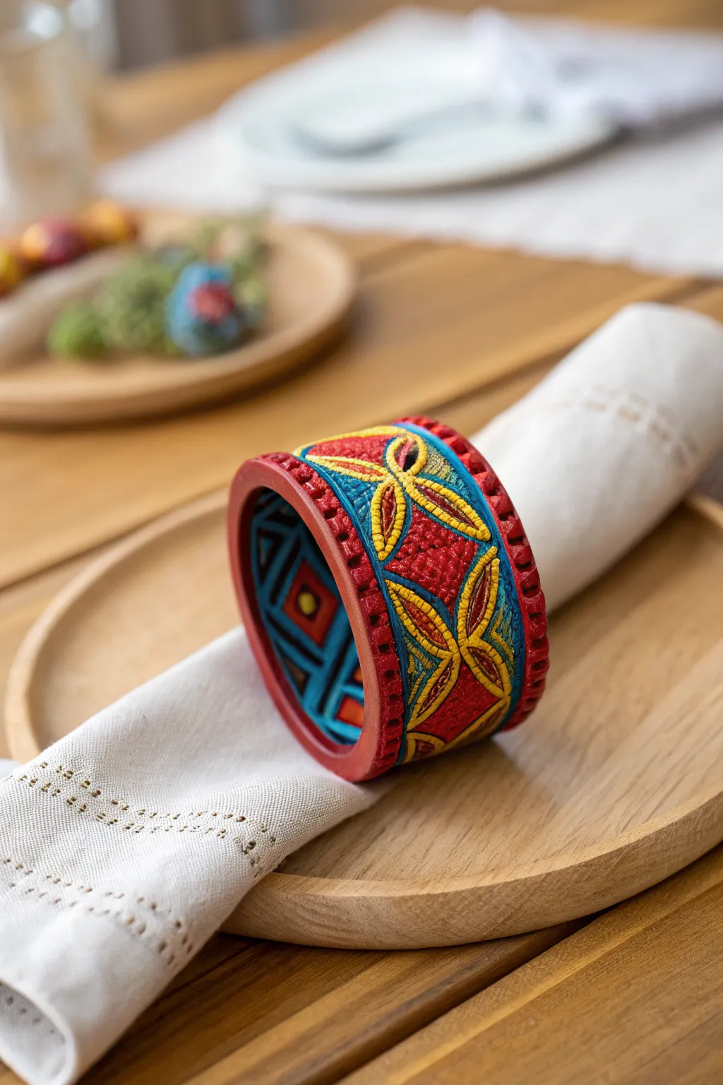 Add a splash of color to your table with this vibrant, handcrafted polymer clay napkin ring!
