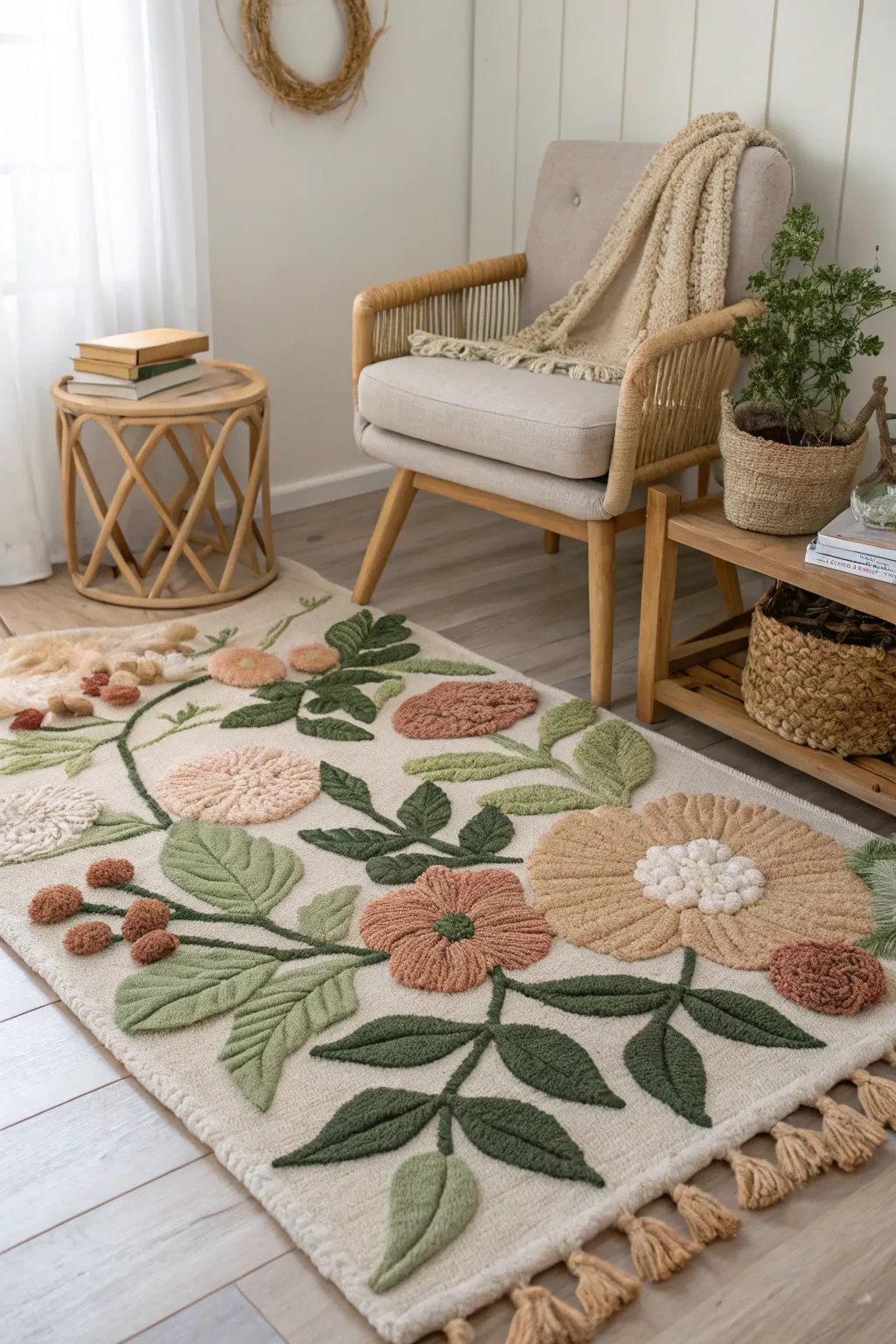 Step into serenity with a nature-inspired pom pom rug, your little garden oasis indoors.