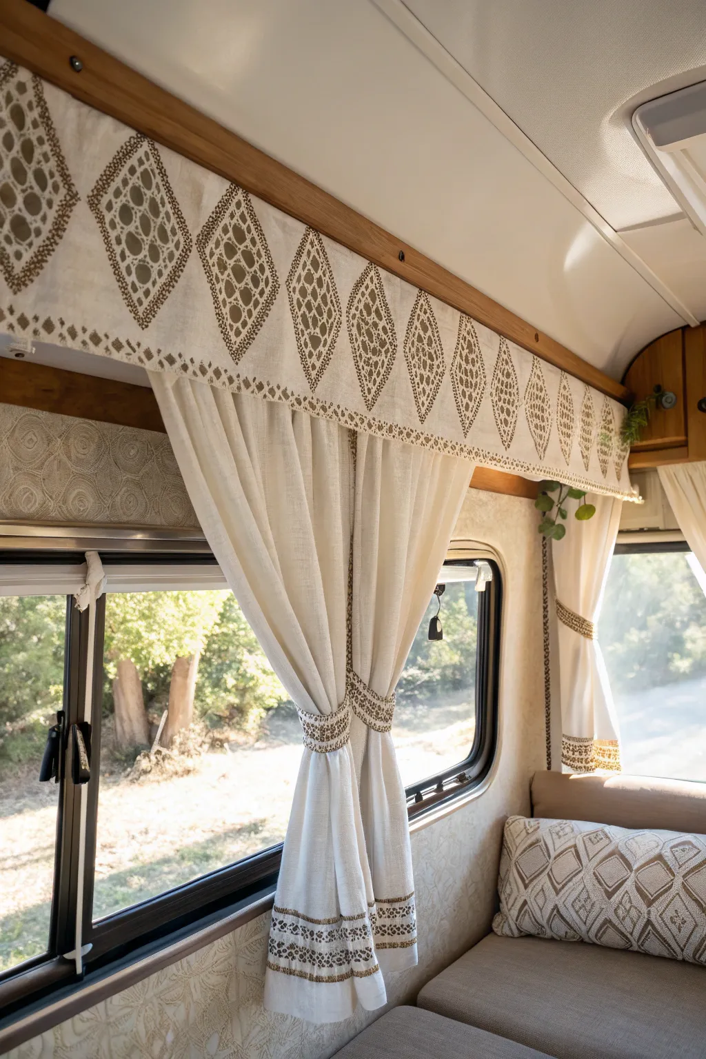Elevate your camper's style with a beautifully crafted decorative valance, where simplicity meets elegance.