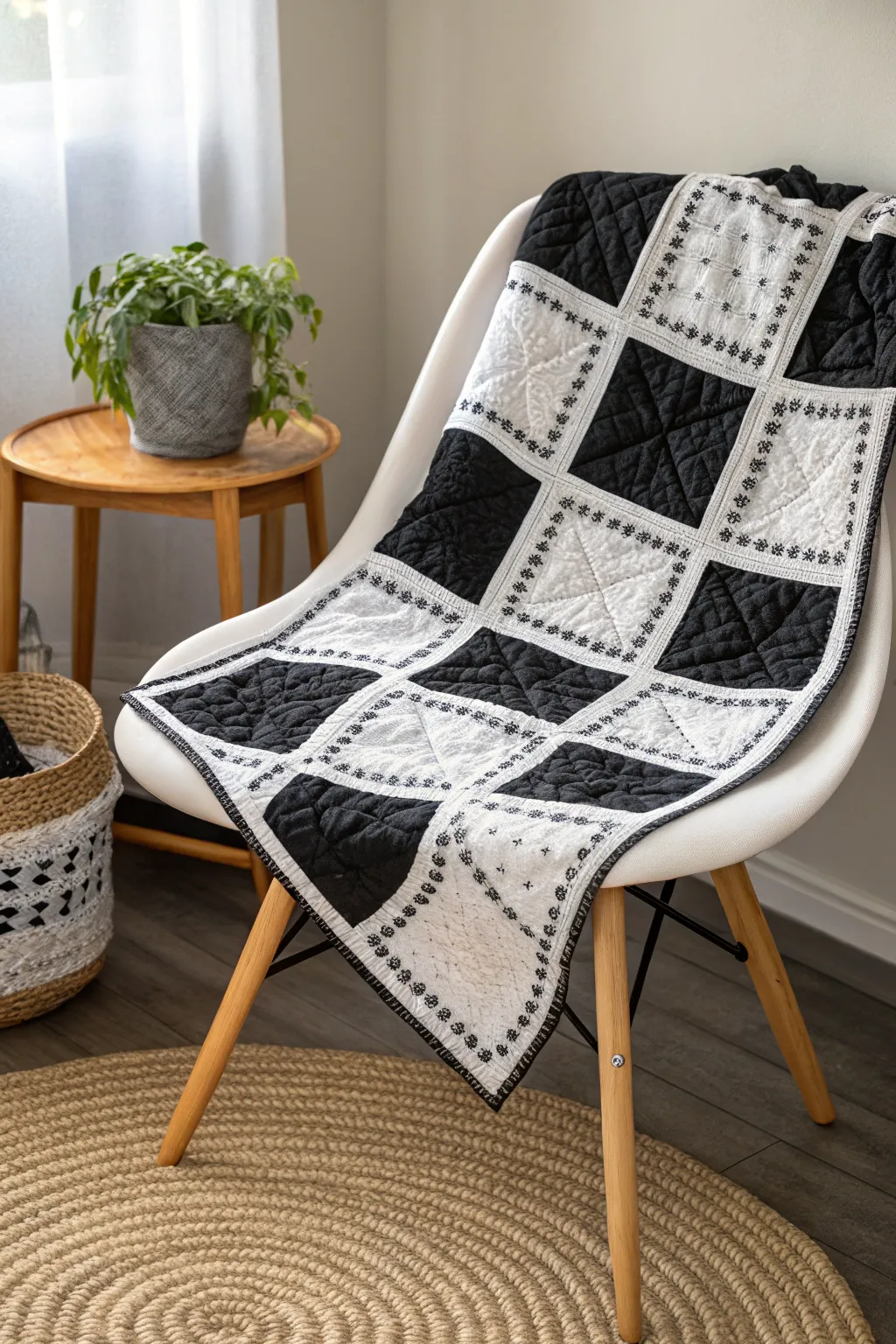 Timeless elegance: A black and white quilt that effortlessly enhances any modern space.