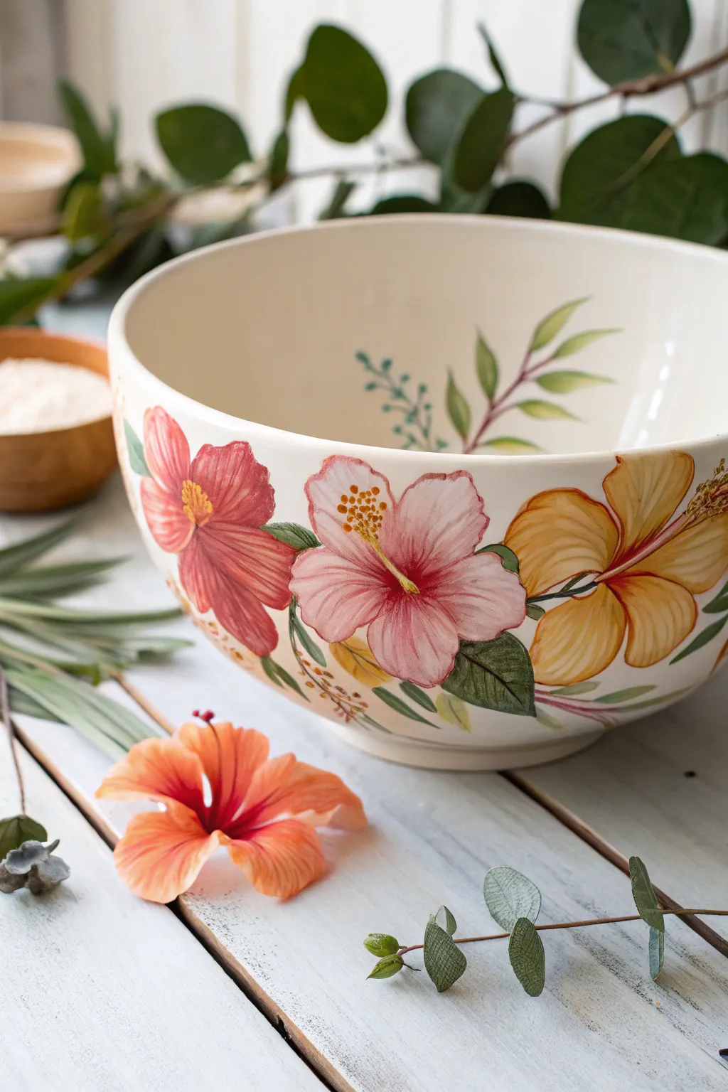 Escape to paradise with tropical blooms on handcrafted pottery.