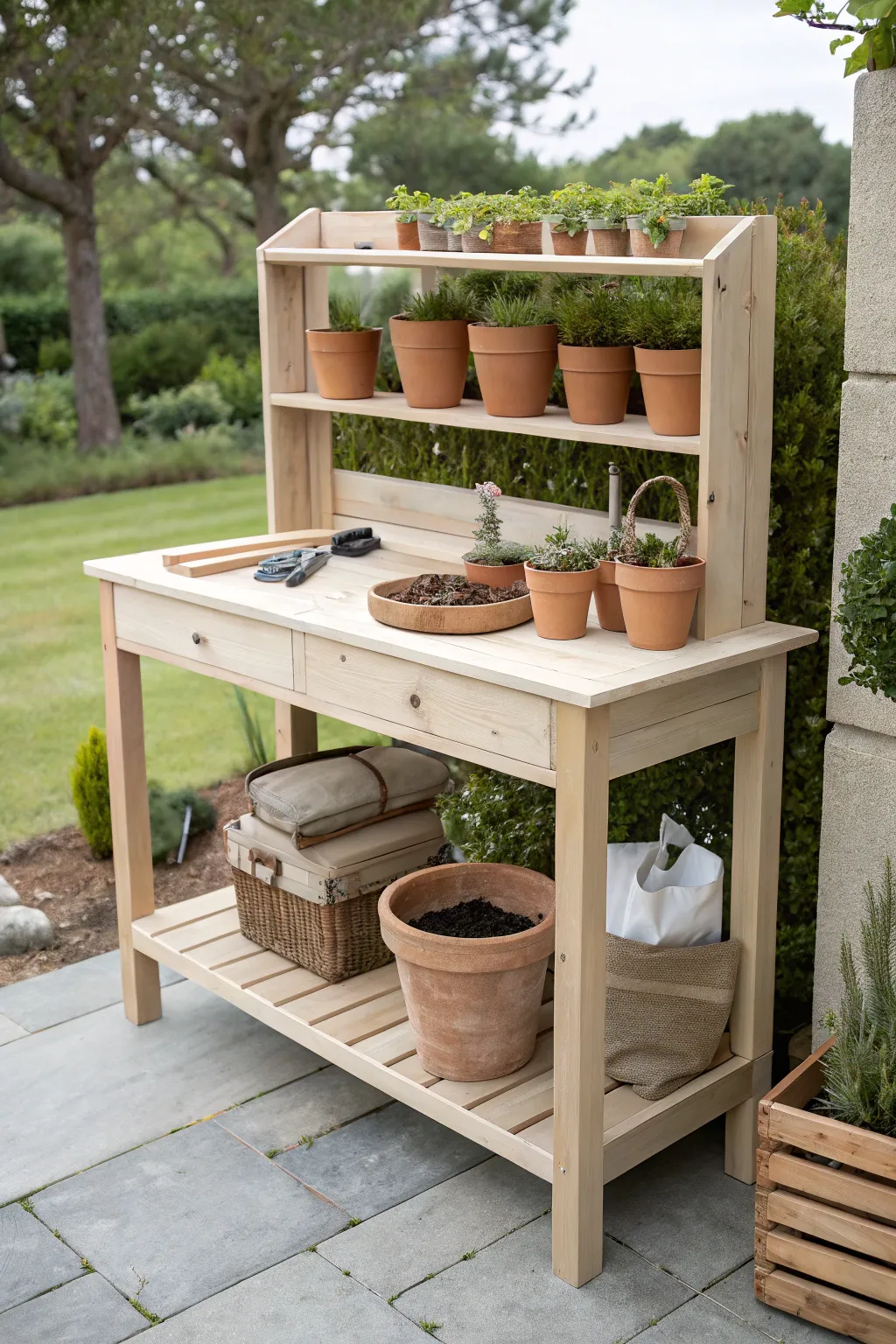 Elevate your gardening space with a stylish and functional multi-tiered potting bench.