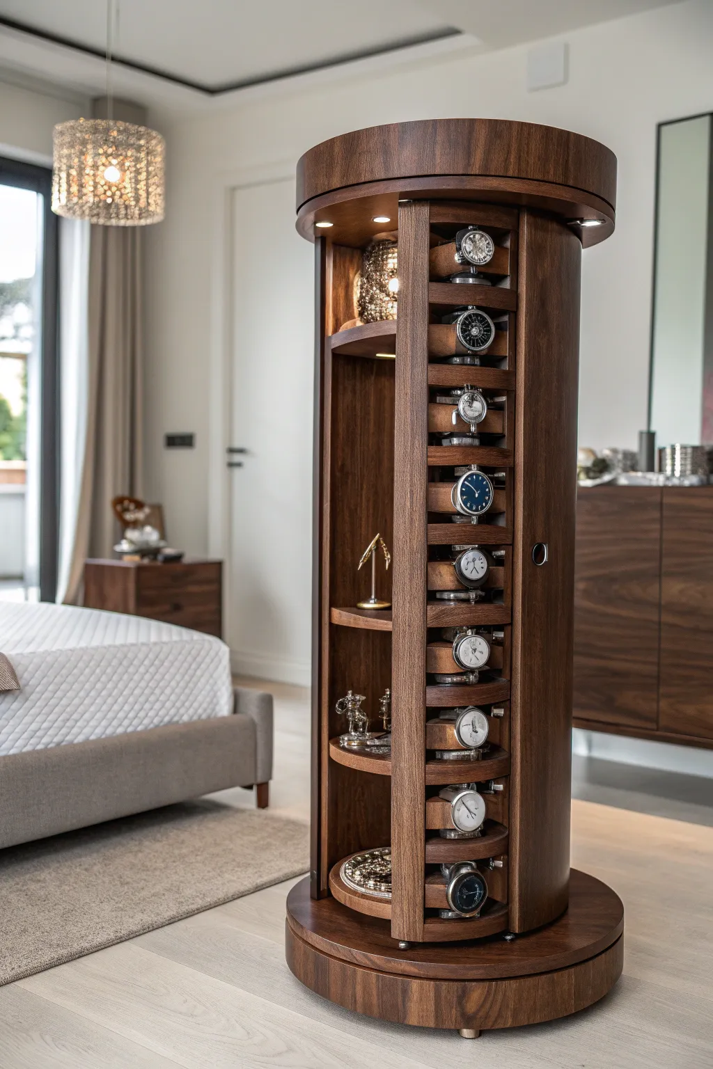 Elevate your space with a rotating wooden tower – the perfect blend of function and elegance.