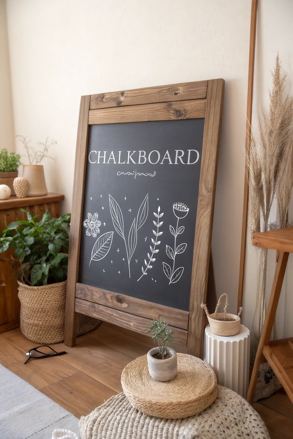 Embrace rustic elegance with a minimalist chalkboard for your creative notes and sketches.