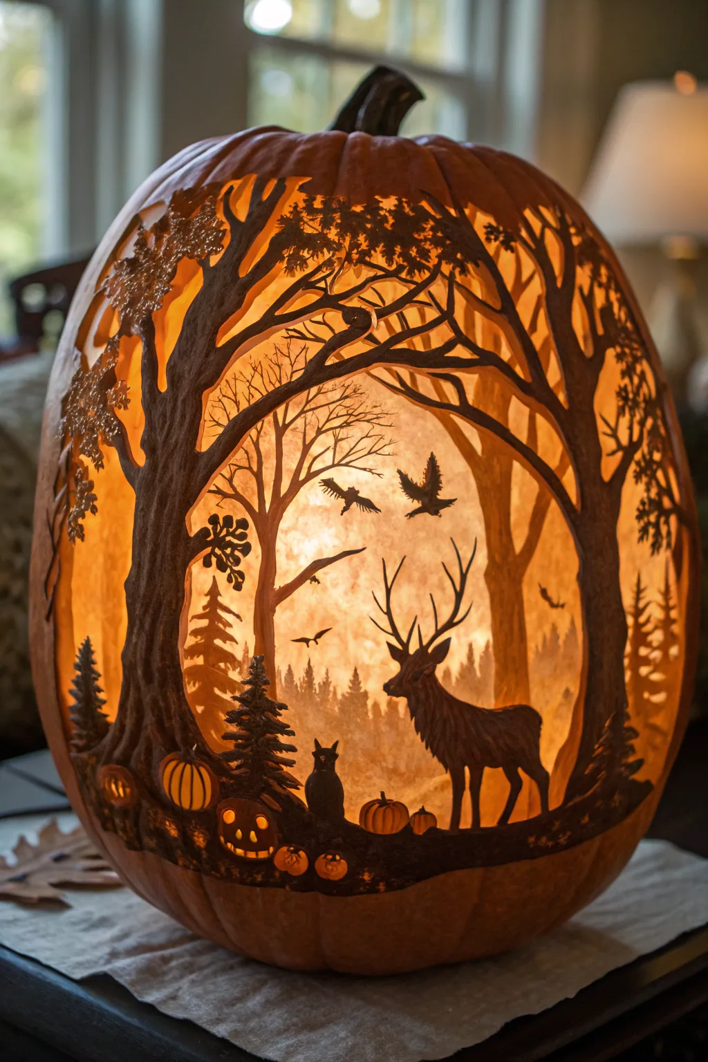Immerse yourself in a mystical forest, masterfully carved into a pumpkin – where shadows dance and creatures come alive.