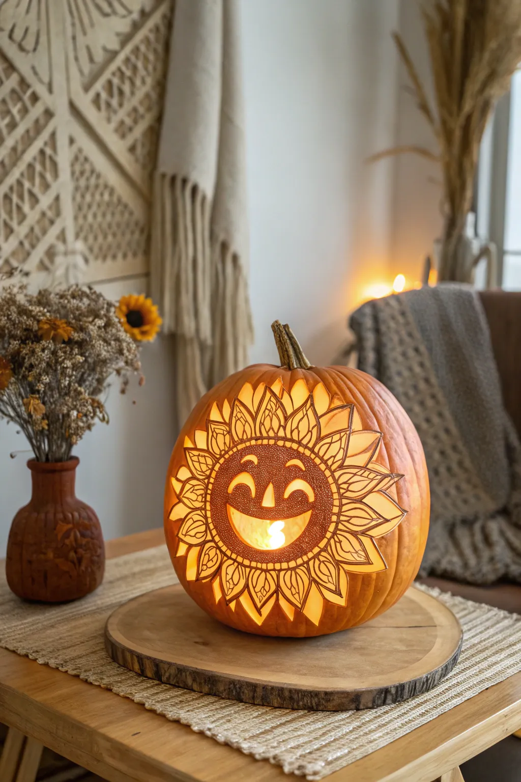 Brighten your autumn with a sunflower smile pumpkin carving—where summer meets fall in minimalist elegance.