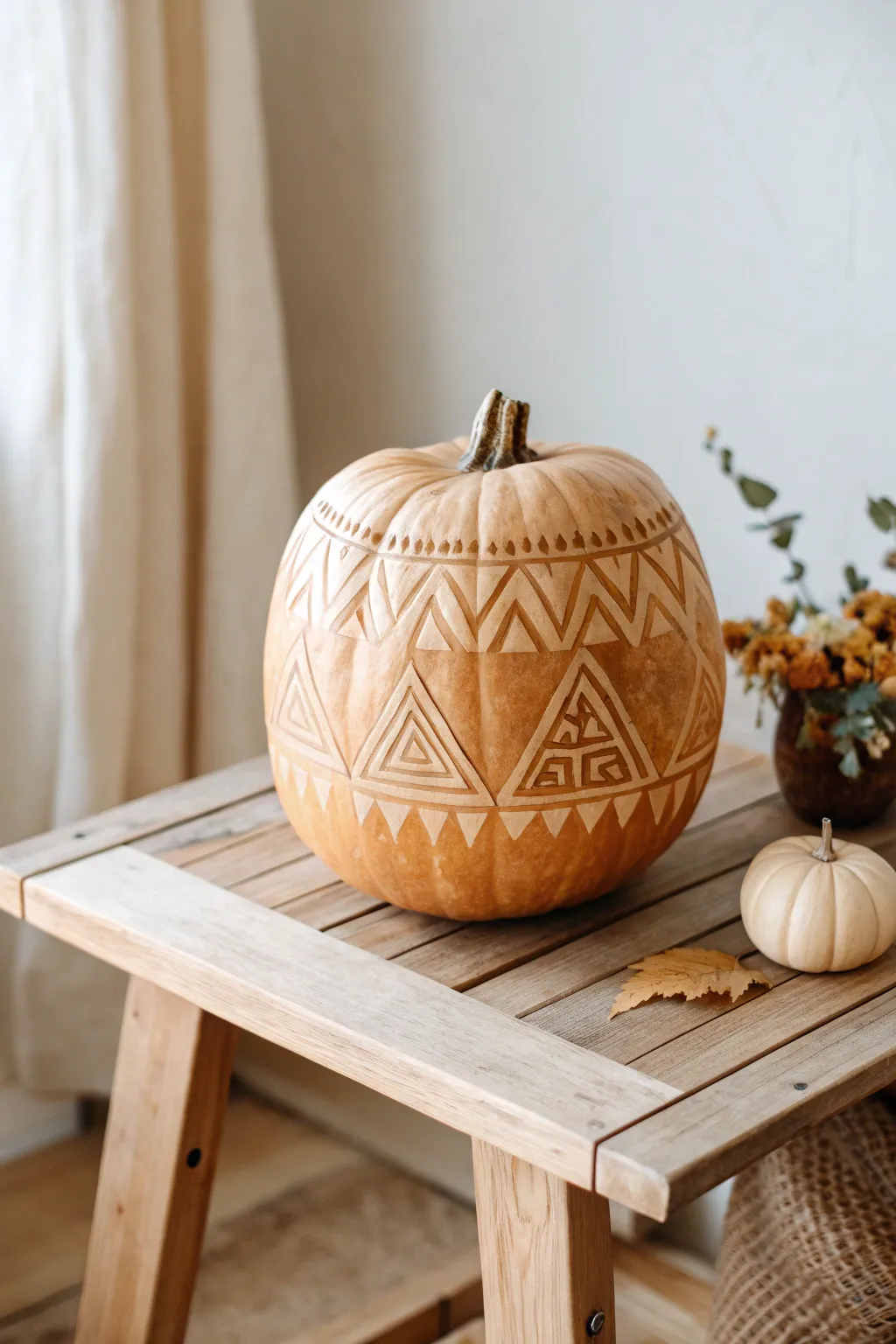 Embrace modern art with geometric pumpkin carvings for a chic, Scandinavian-inspired Halloween decor.