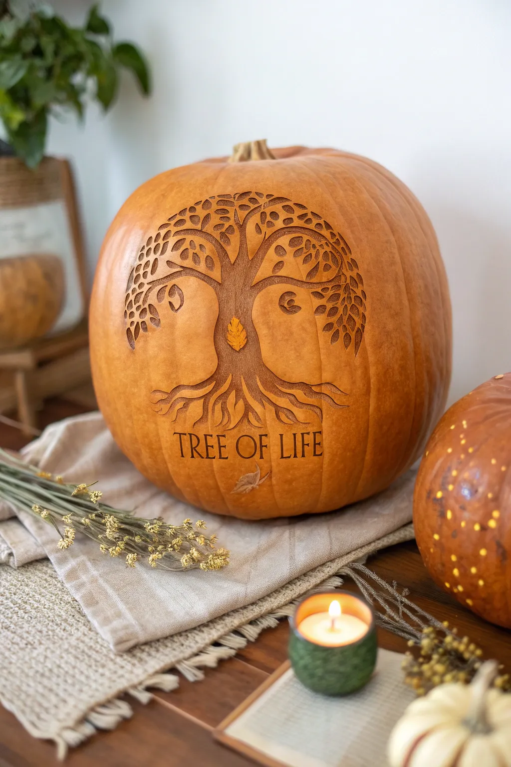 Celebrate the beauty of nature with this stunning Tree of Life pumpkin carving, a perfect blend of artistry and simplicity.