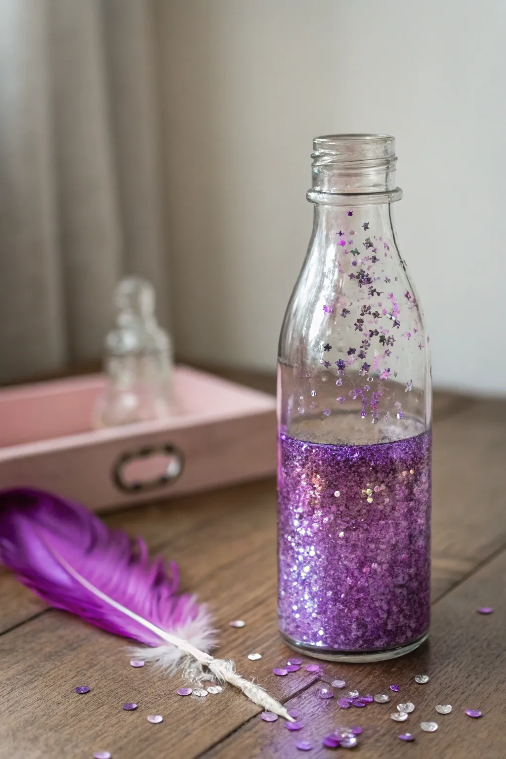 Add a touch of magic to your decor with these enchanting purple glitter bottles.