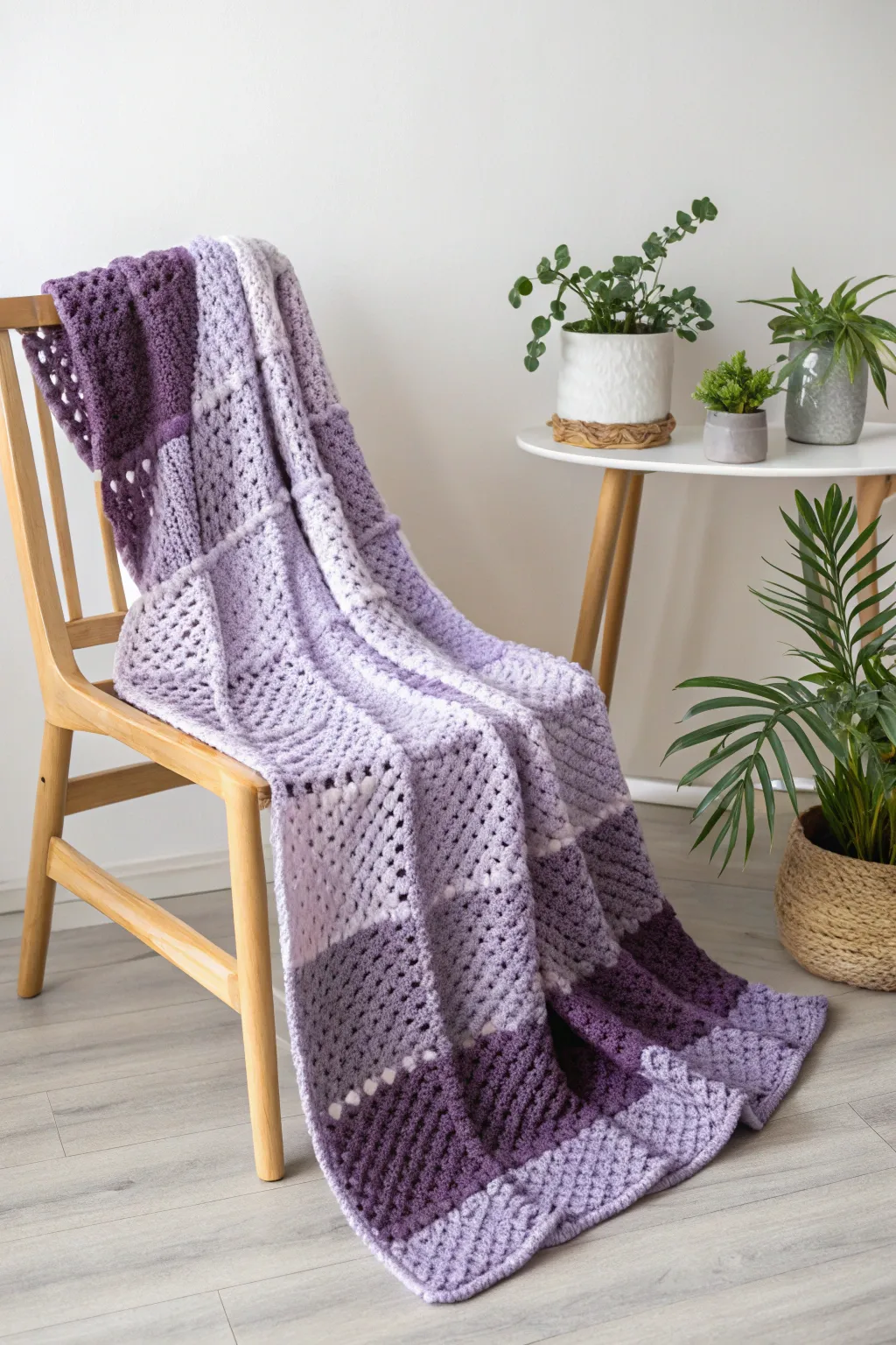 Wrap yourself in the cozy charm of this handmade purple gingham crochet blanket, where Scandinavian simplicity meets boho elegance.