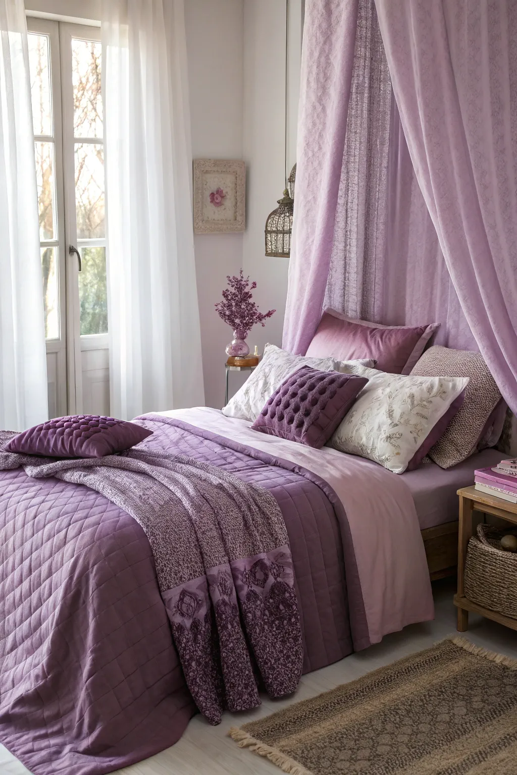 Layered textiles in purple add warmth and texture.
