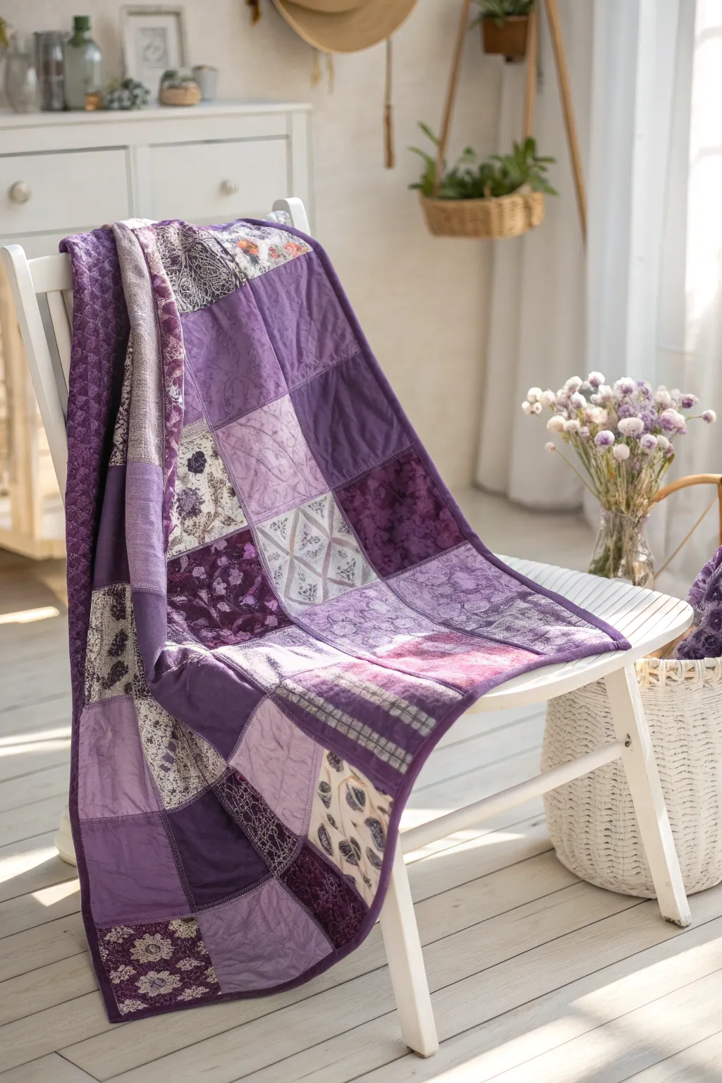 Embrace bohemian charm with a stunning purple patchwork quilt, where each fabric piece weaves its own tale of beauty.