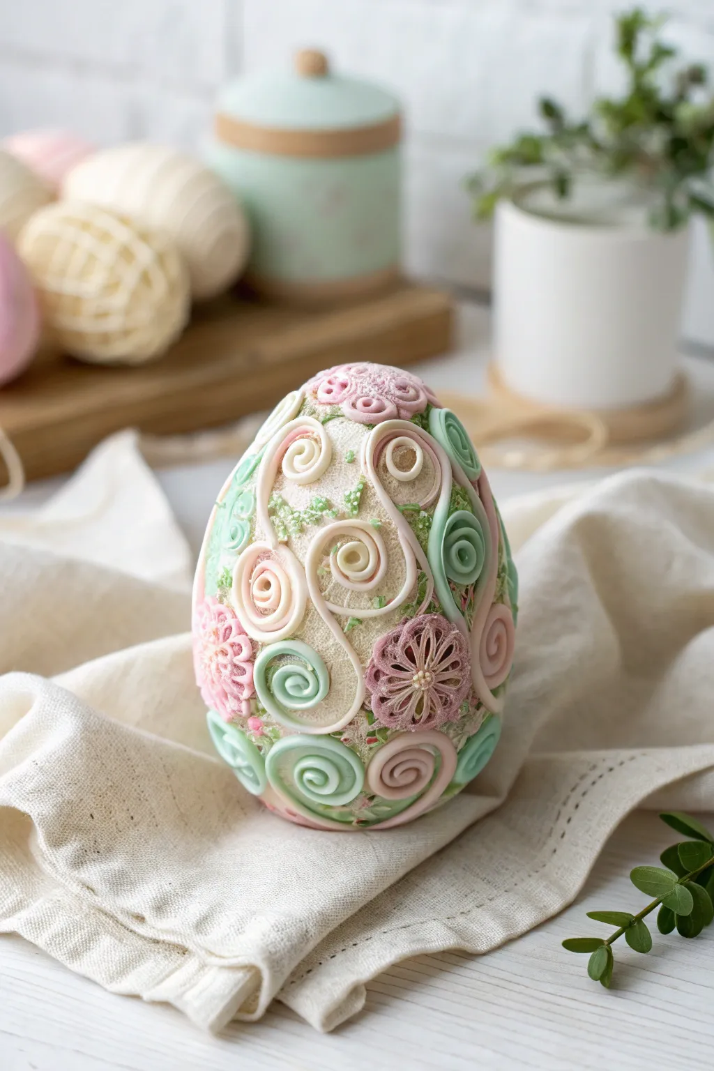 Delicate quilling art transforms a simple egg into a timeless piece of decor.