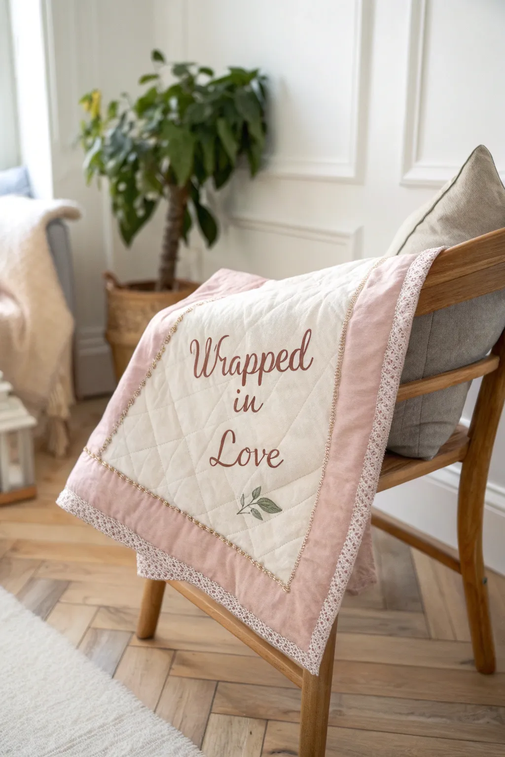 Embrace simplicity and warmth with a quilt label that says it all: 'Wrapped in Love.'