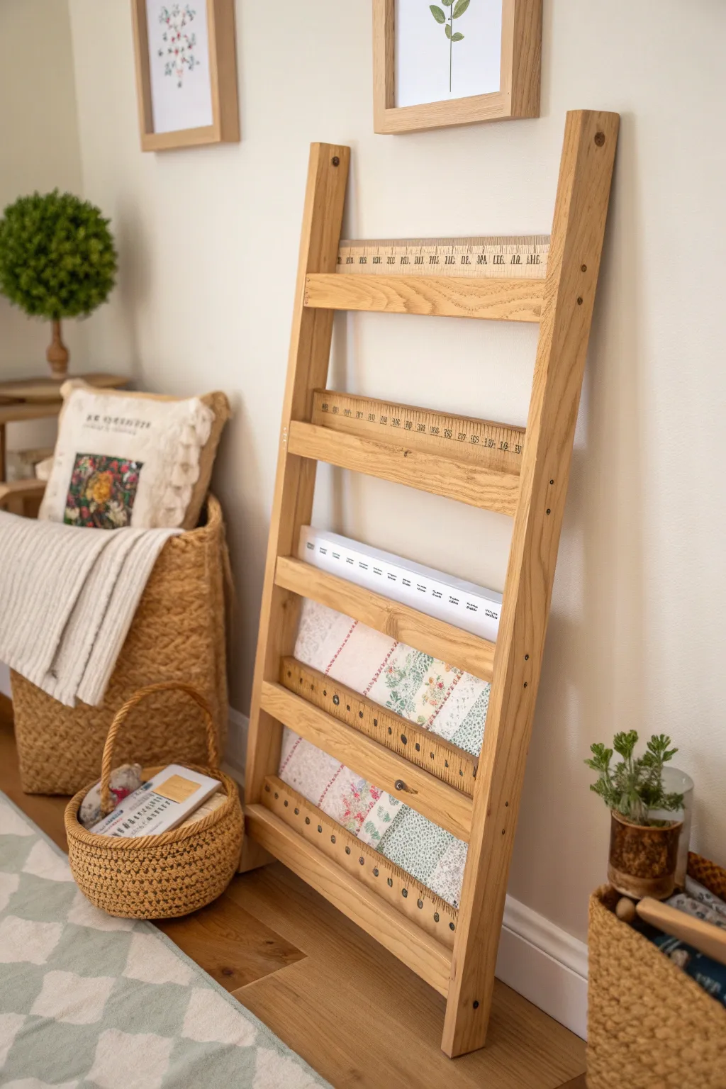 Elevate your craft space with a bespoke DIY wooden ruler rack—where minimalism meets boho charm.