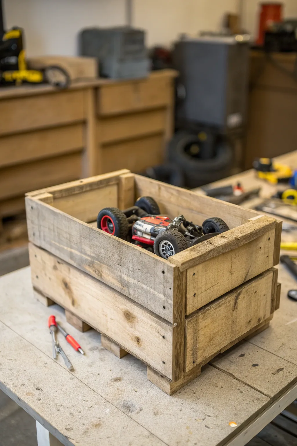 Upcycle with style: Transform old crates into charming storage solutions for your RC workshop.