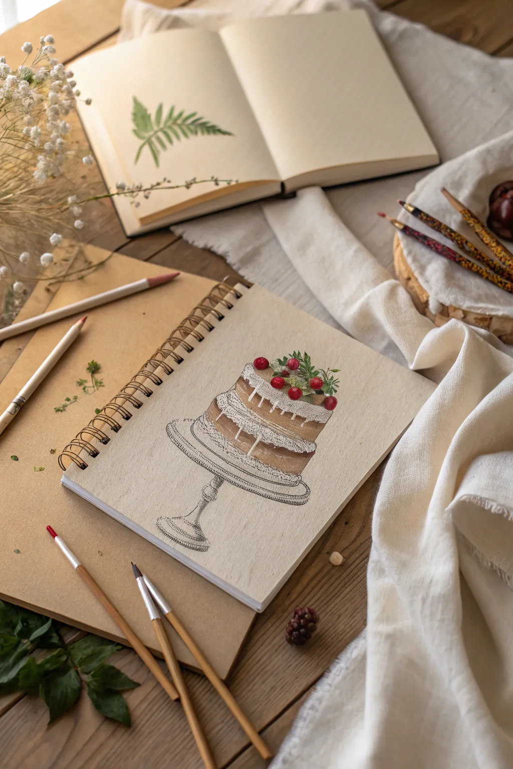 Find inspiration in artistic simplicity with this serene cake drawing setting.
