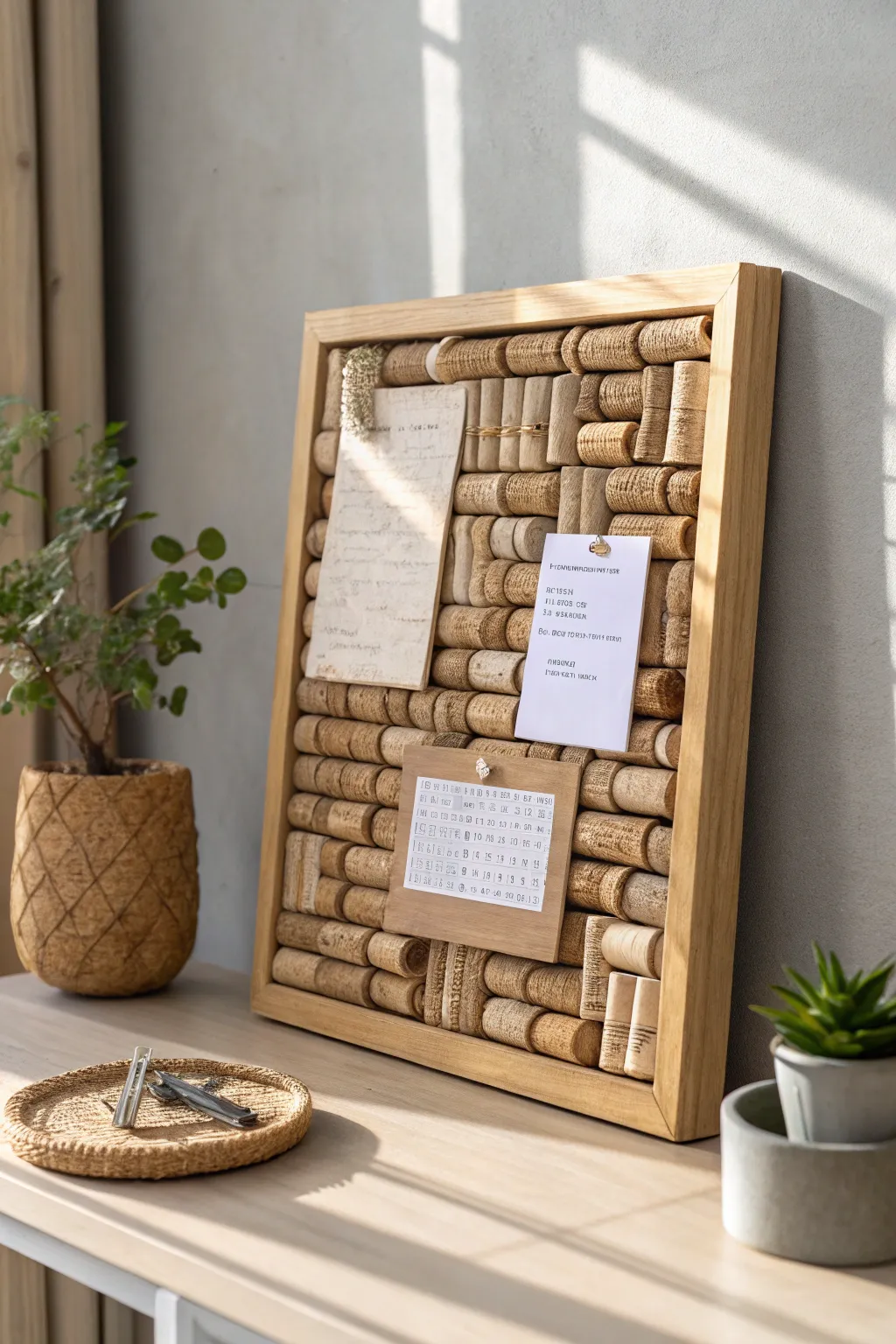 Embrace rustic charm and sustainability with this beautiful wine cork bulletin board, perfect for your minimalist space.