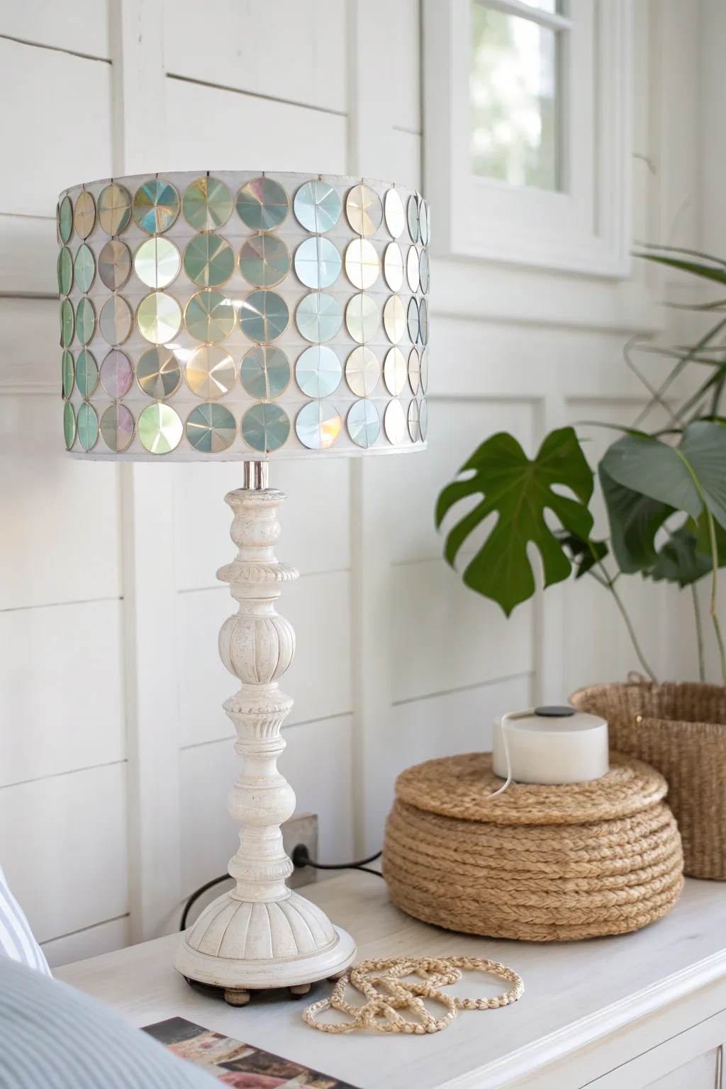 Illuminate your space with eco-chic elegance: Recycled CD Disc Reflector Lamp.