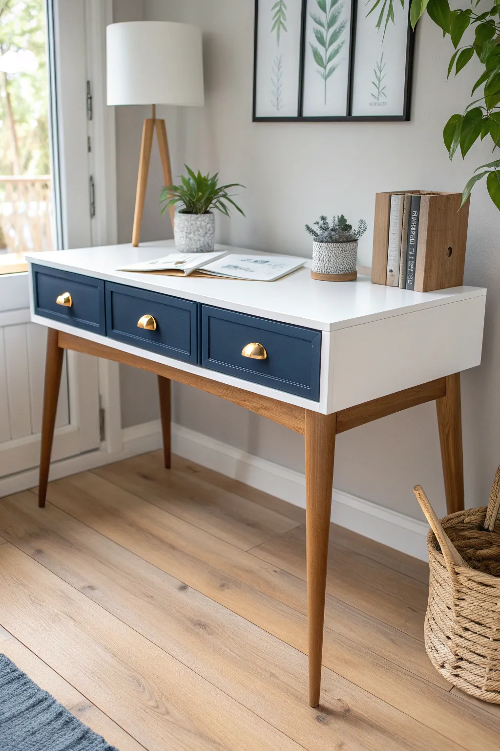 Transform your workspace with a chic two-tone desk makeover, blending navy and white for a minimalist masterpiece.